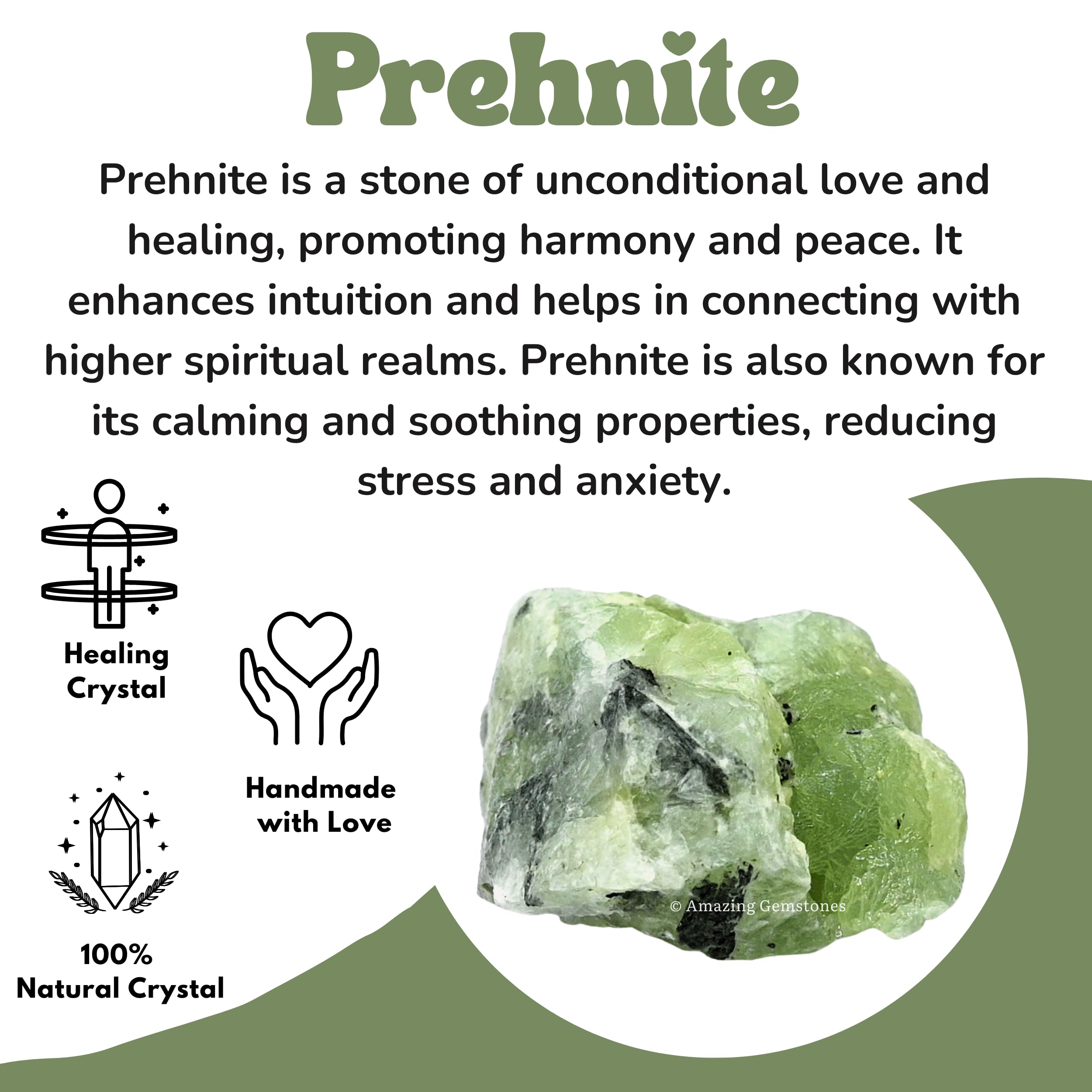 Préhnite pour méditation et harmonie, couleur verte apaisante.