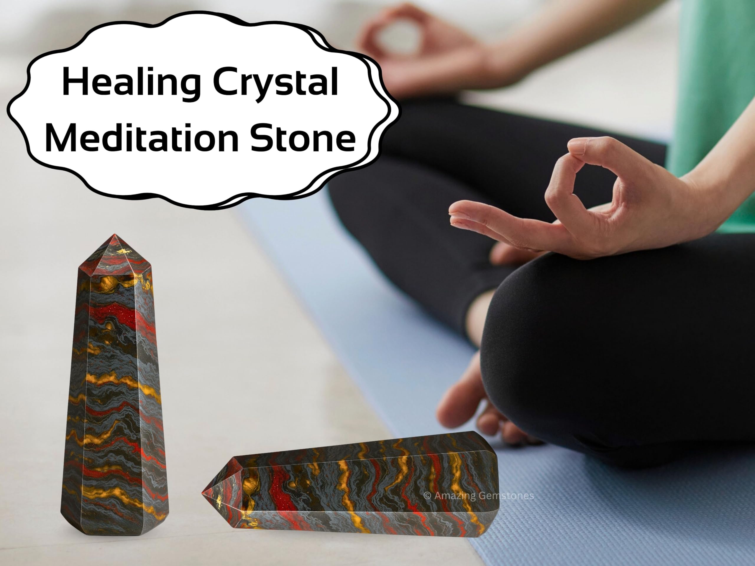 Amazing Gemstone Tour cristal tigre-de-fer, support pour énergie directionnelle et grille.