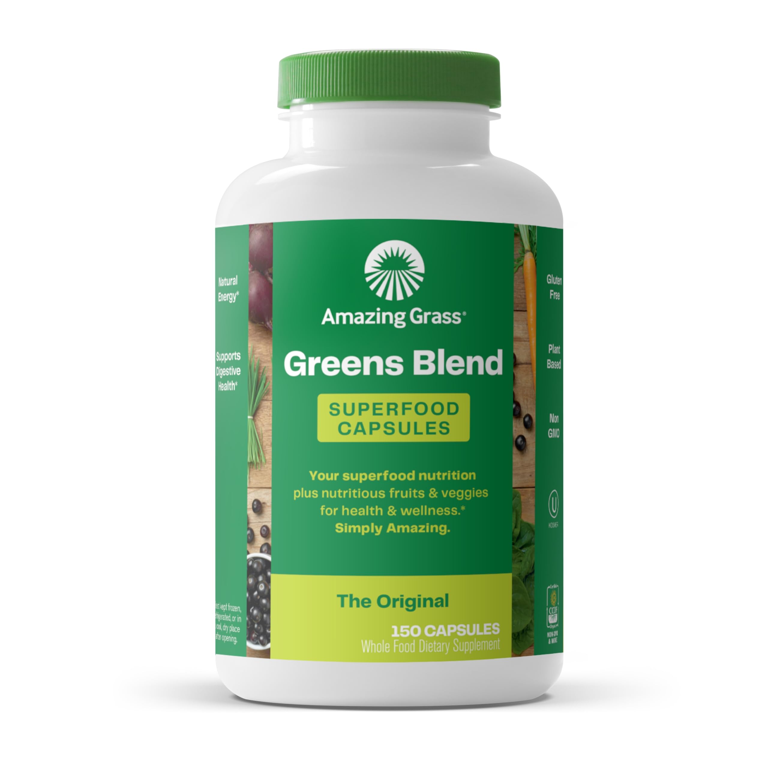 Amazing Grass bouteille de capsules, format pratique pour démarrer une journée équilibrée.