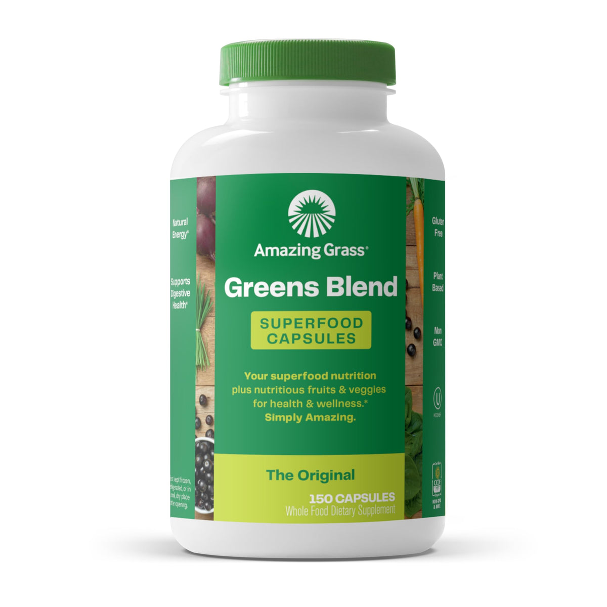 Amazing Grass bouteille de capsules, format pratique pour démarrer une journée équilibrée.