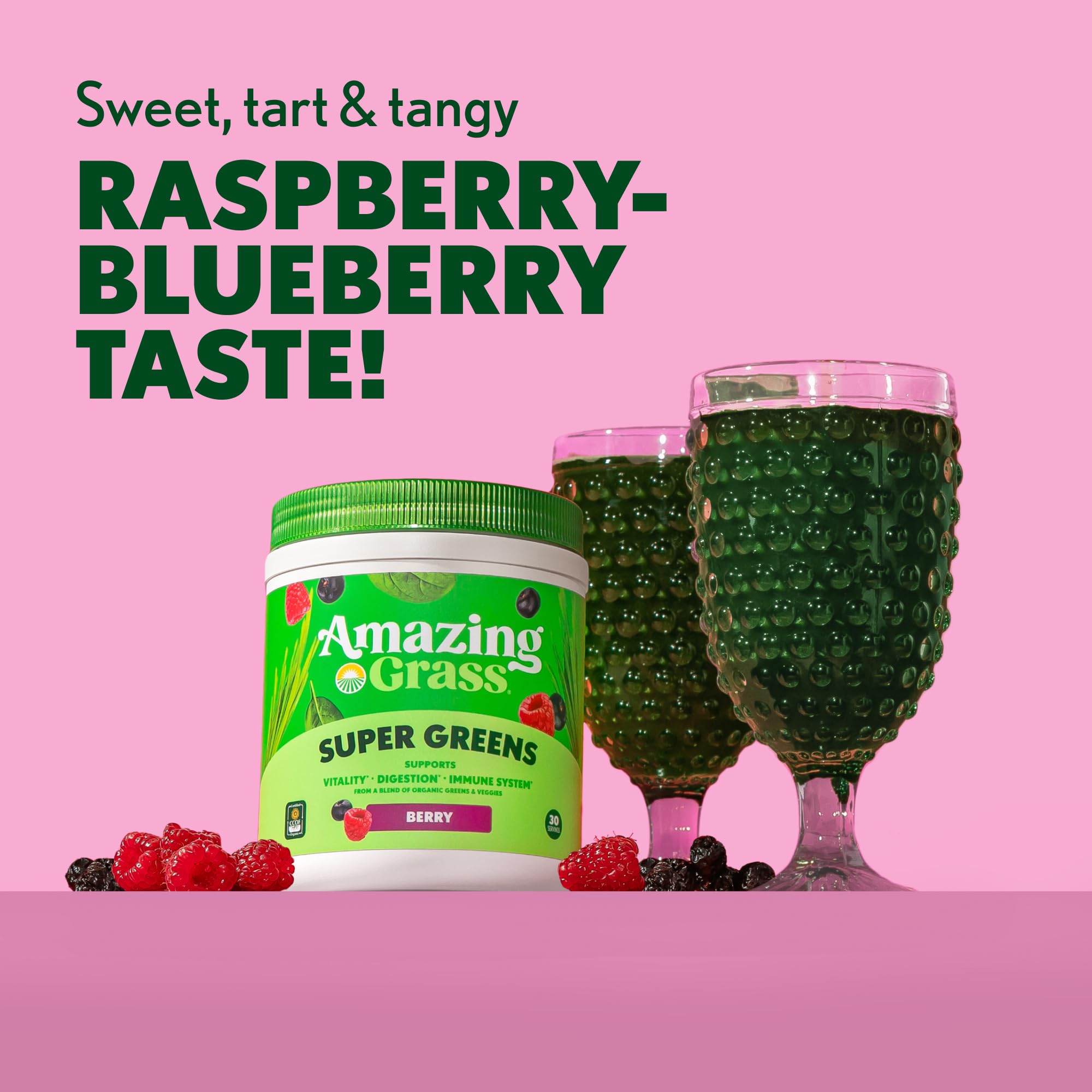 Amazing Grass Greens Superfood ingrédients spiruline et chlorelle, source végétale naturelle.