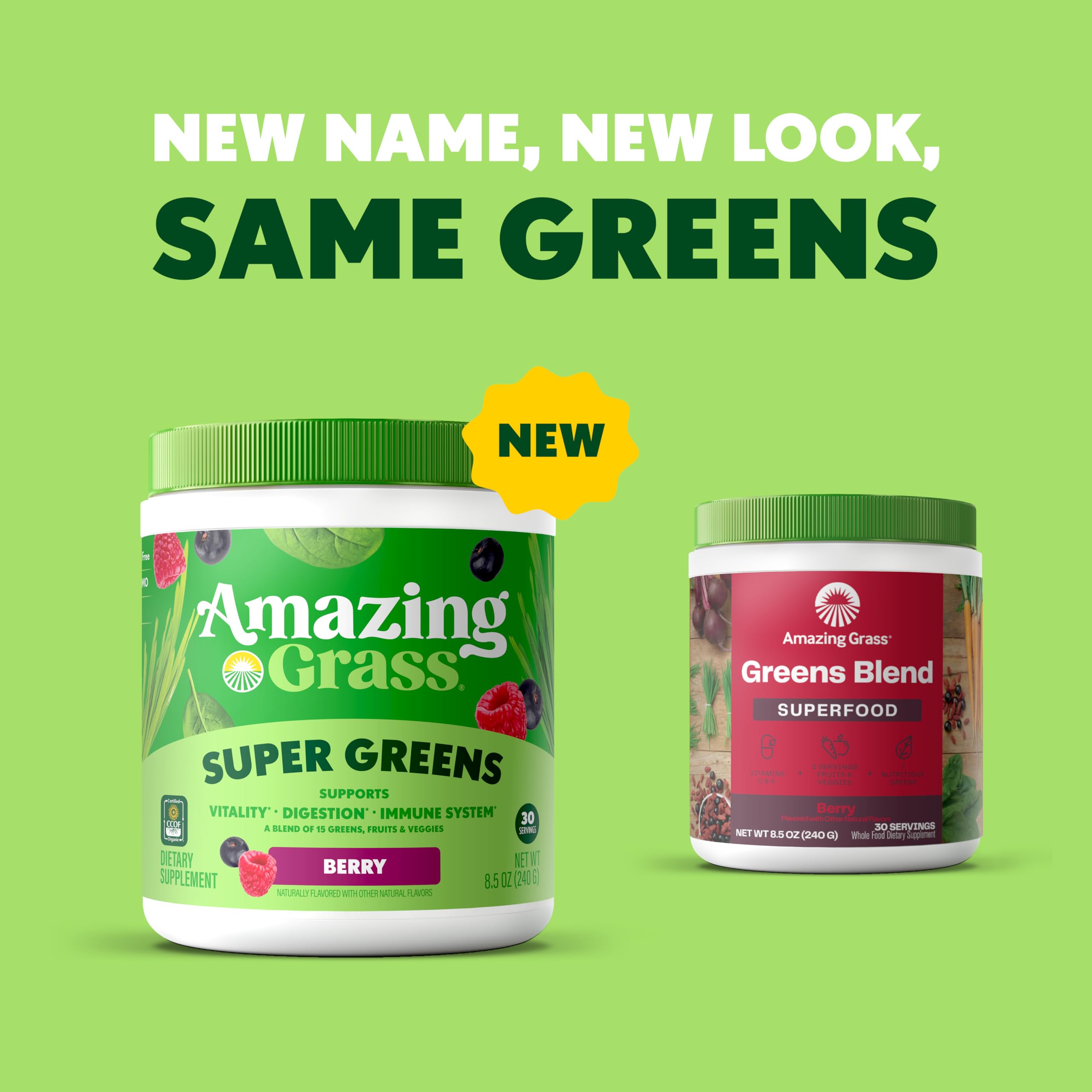 Amazing Grass Greens Superfood pot emballage bio, emballage durable et biologique.