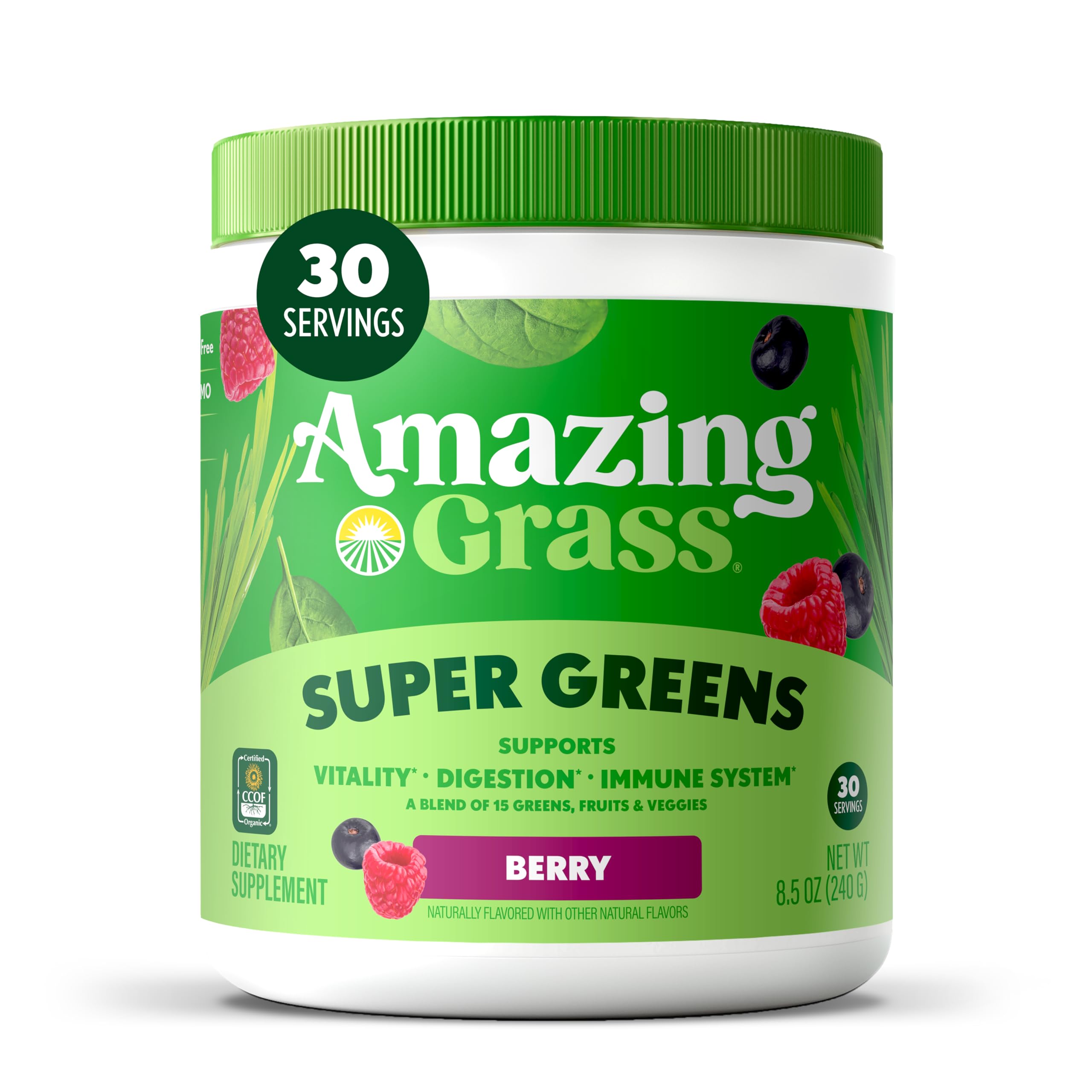 Amazing Grass Greens Superfood poudre saveur baie, prêt à mélanger dans une boisson.