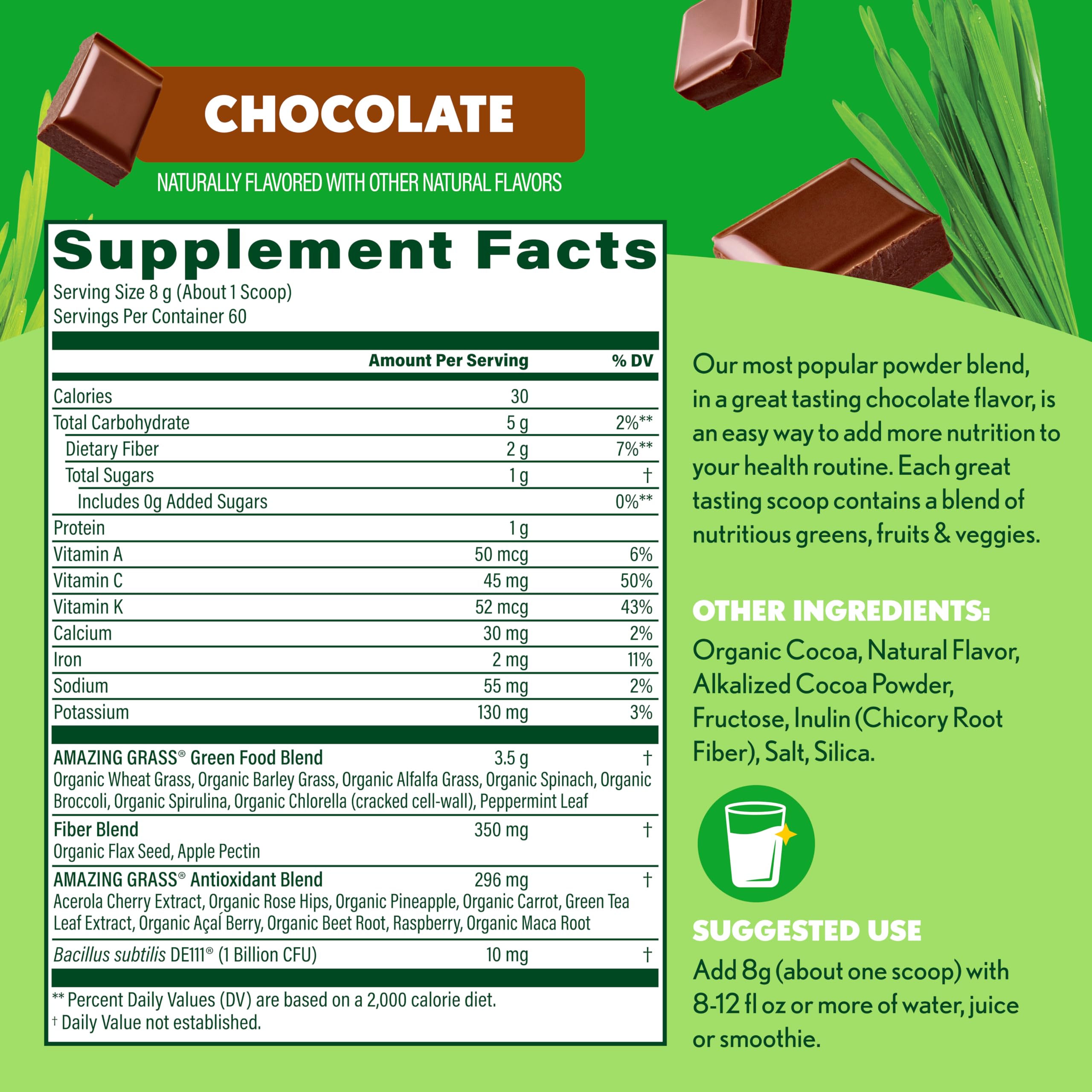 Smoothie chocolat Amazing Grass, texture onctueuse et goût gourmand.