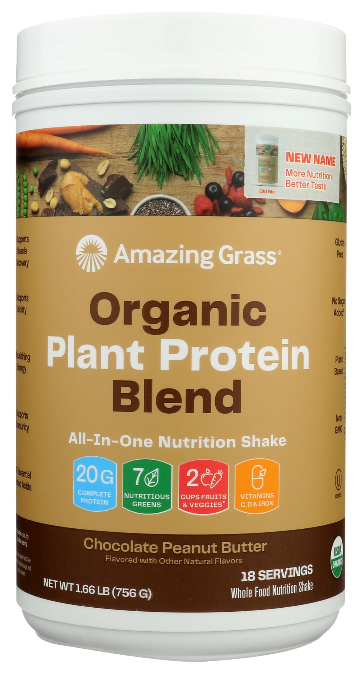 Protéine végétale Amazing Grass – poudre chocolat-beurre cacahuète, goût riche et nutrition pratique.