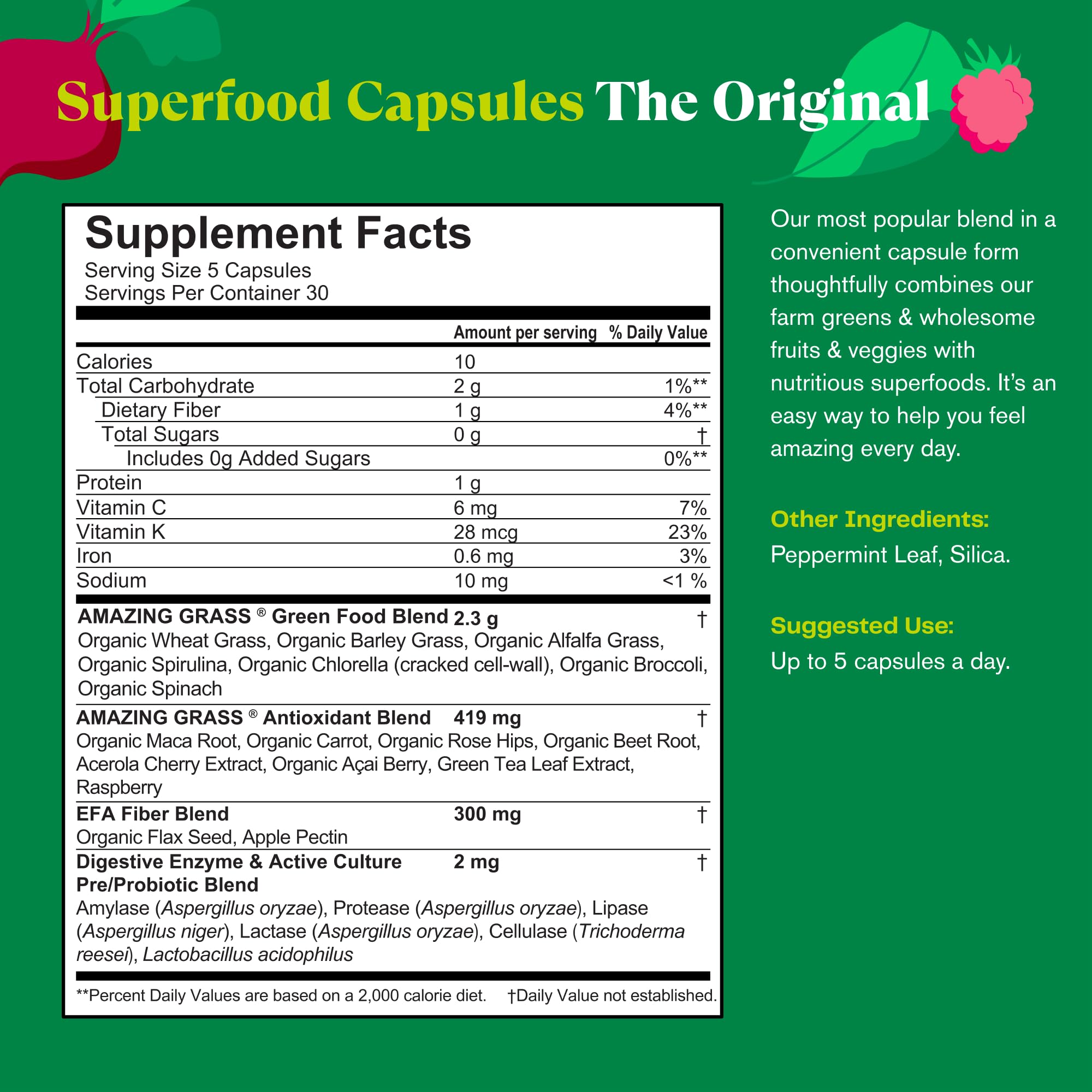 Amazing Grass spiruline-chlorelle en capsules soutient potentiellement l'énergie et l'équilibre quotidien.