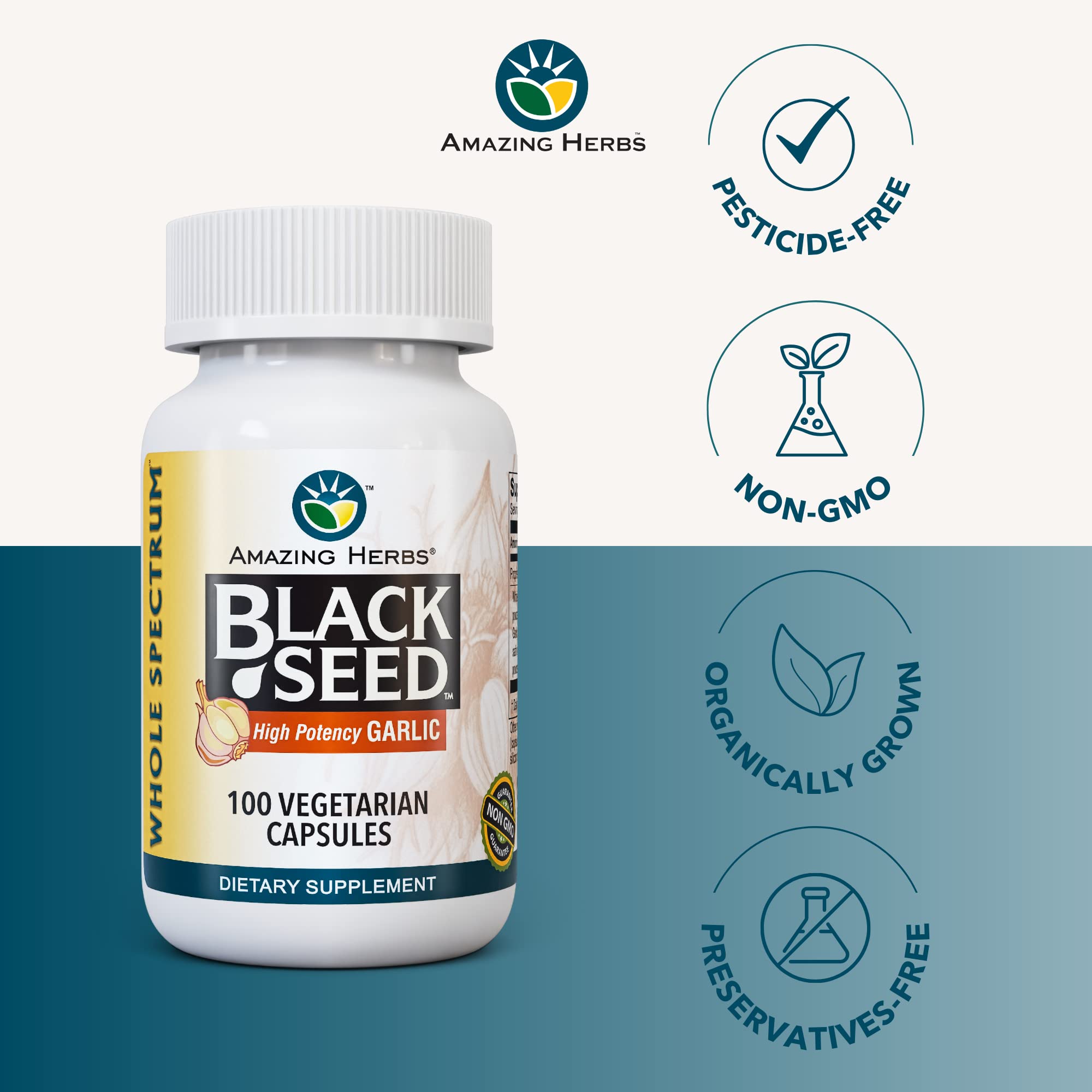 Capsules Amazing Herbs nigelle et ail, soutien possible des fonctions pulmonaires.