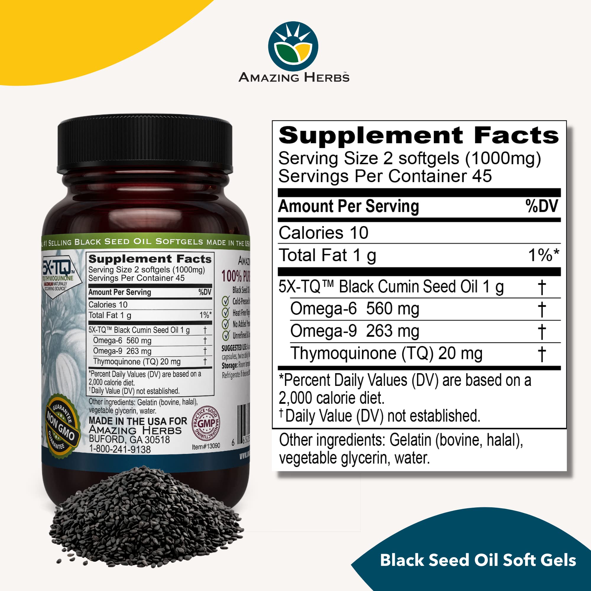 Amazing Herbs capsules nigelle – etiquette claire, soutien immunitaire potentiel.