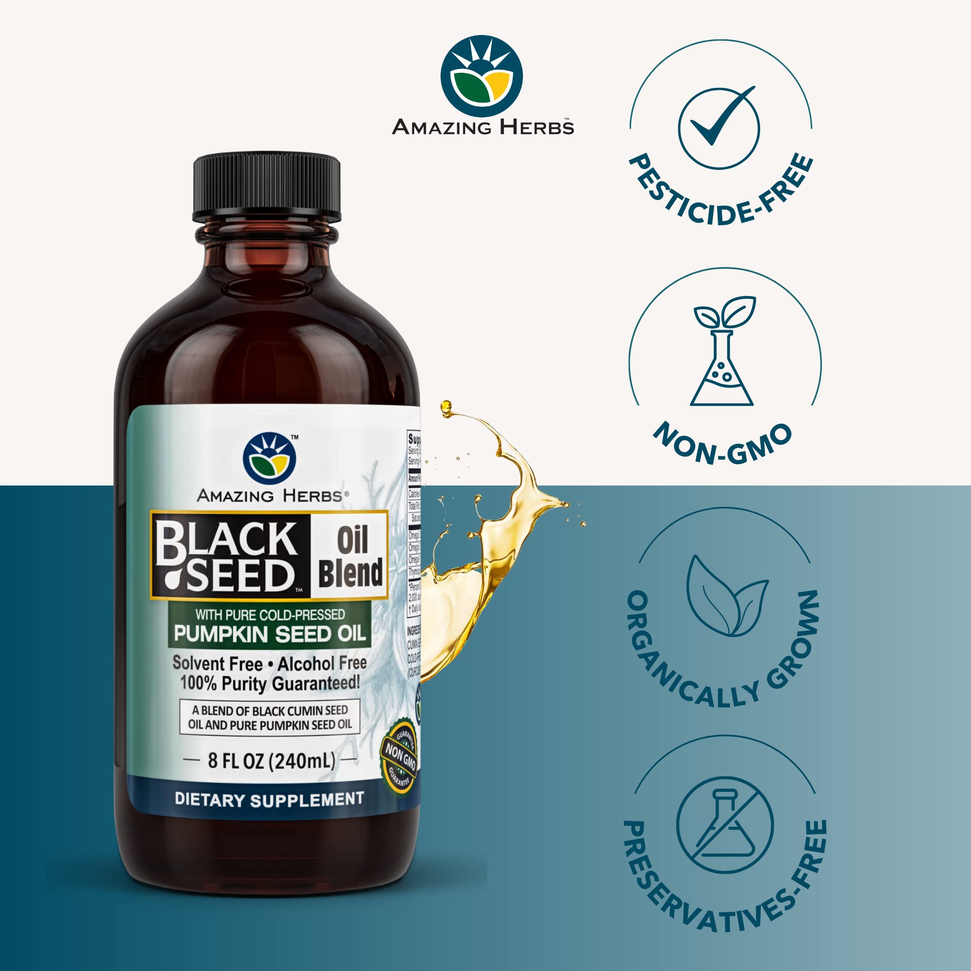 Amazing Herbs: Emballage premium huile noire et graines de citrouille, source d'acides gras essentiels