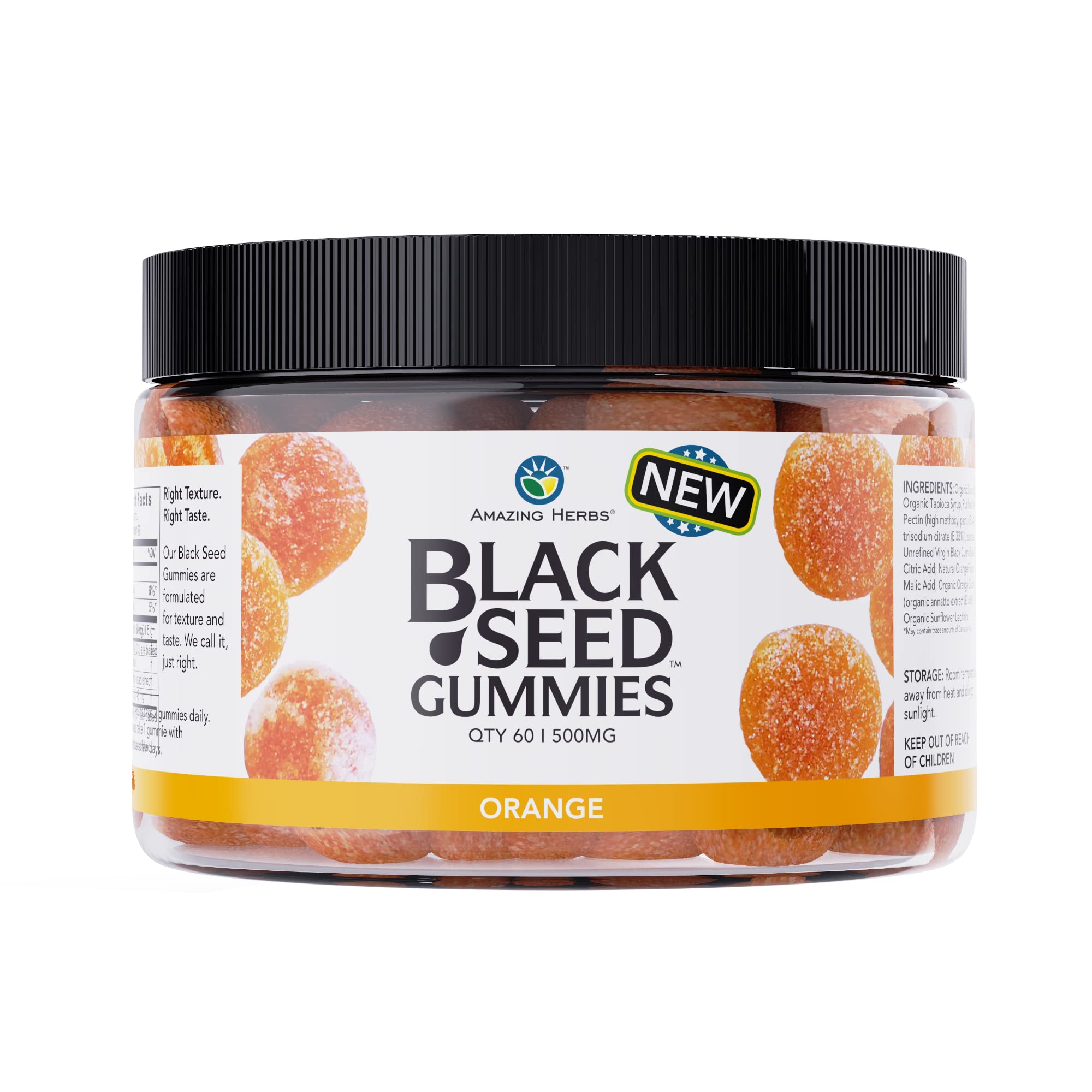 Gommes Amazing Herbs orange en bouteille, goût agréable et soutien immunitaire potentiel.