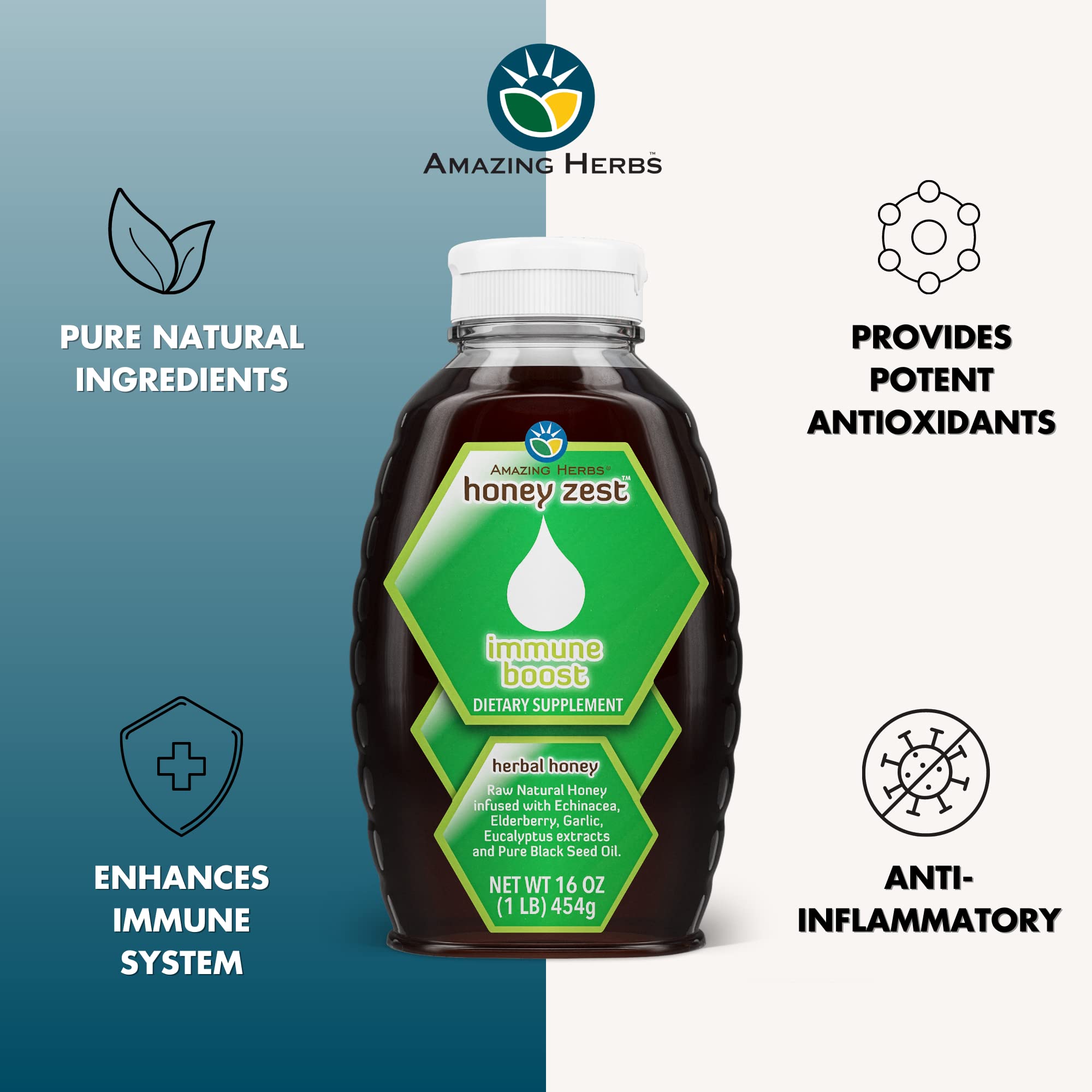 HoneyZest Amazing Herbs Etiquette, informations claires sur les ingrédients et usages.