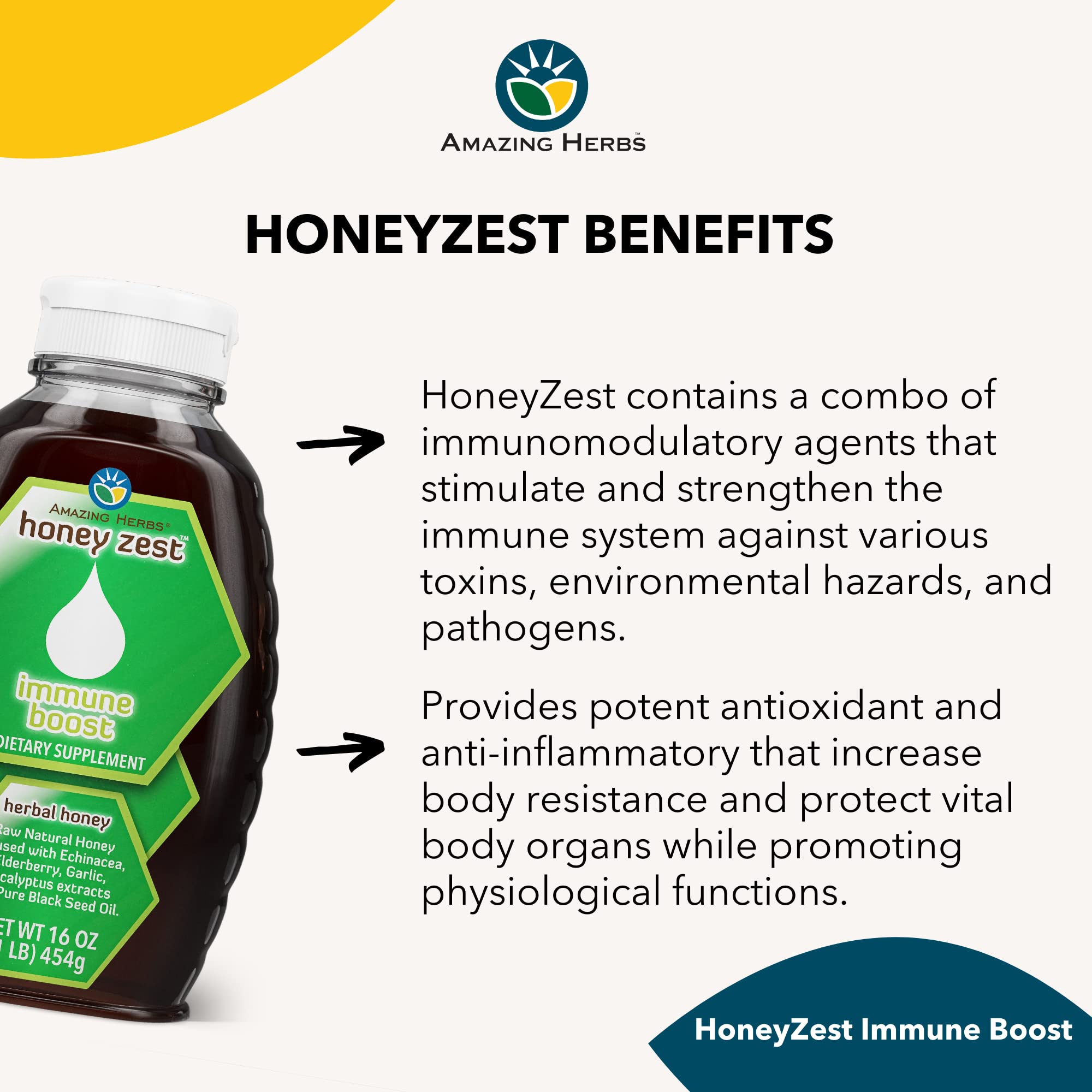 HoneyZest Amazing Herbs Ingrédients, miel cru et plantes aromatiques pour l'arôme.