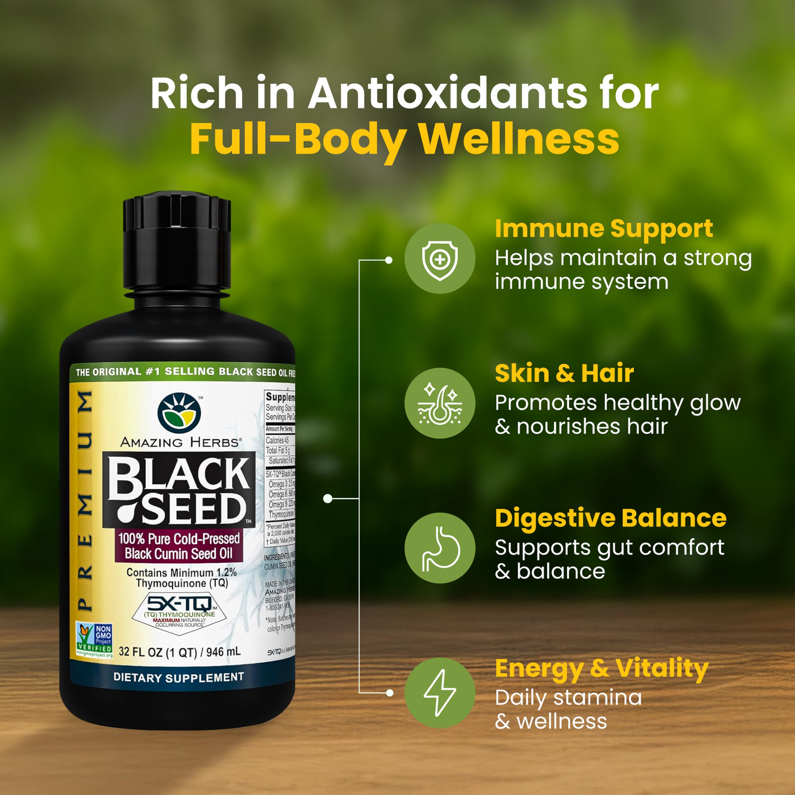 Amazing Herbs huile noire de nigelle - compte-gouttes pour dosage précis et utilisation pratique.