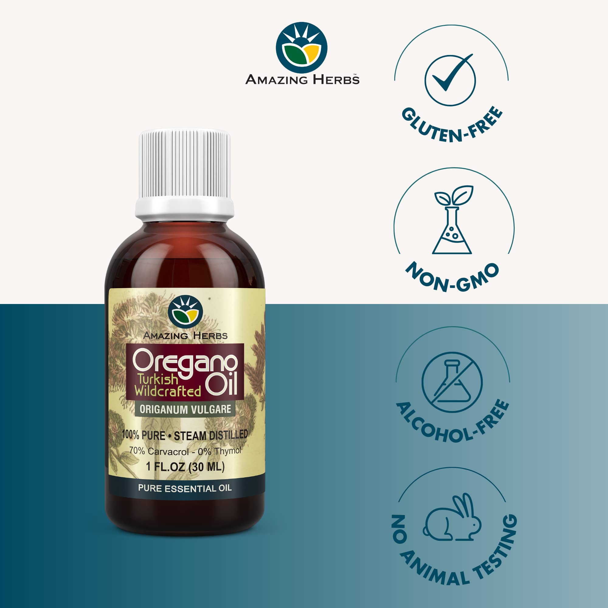 Amazing Herbs huile d'origan pure, emballage compact facile à transporter.