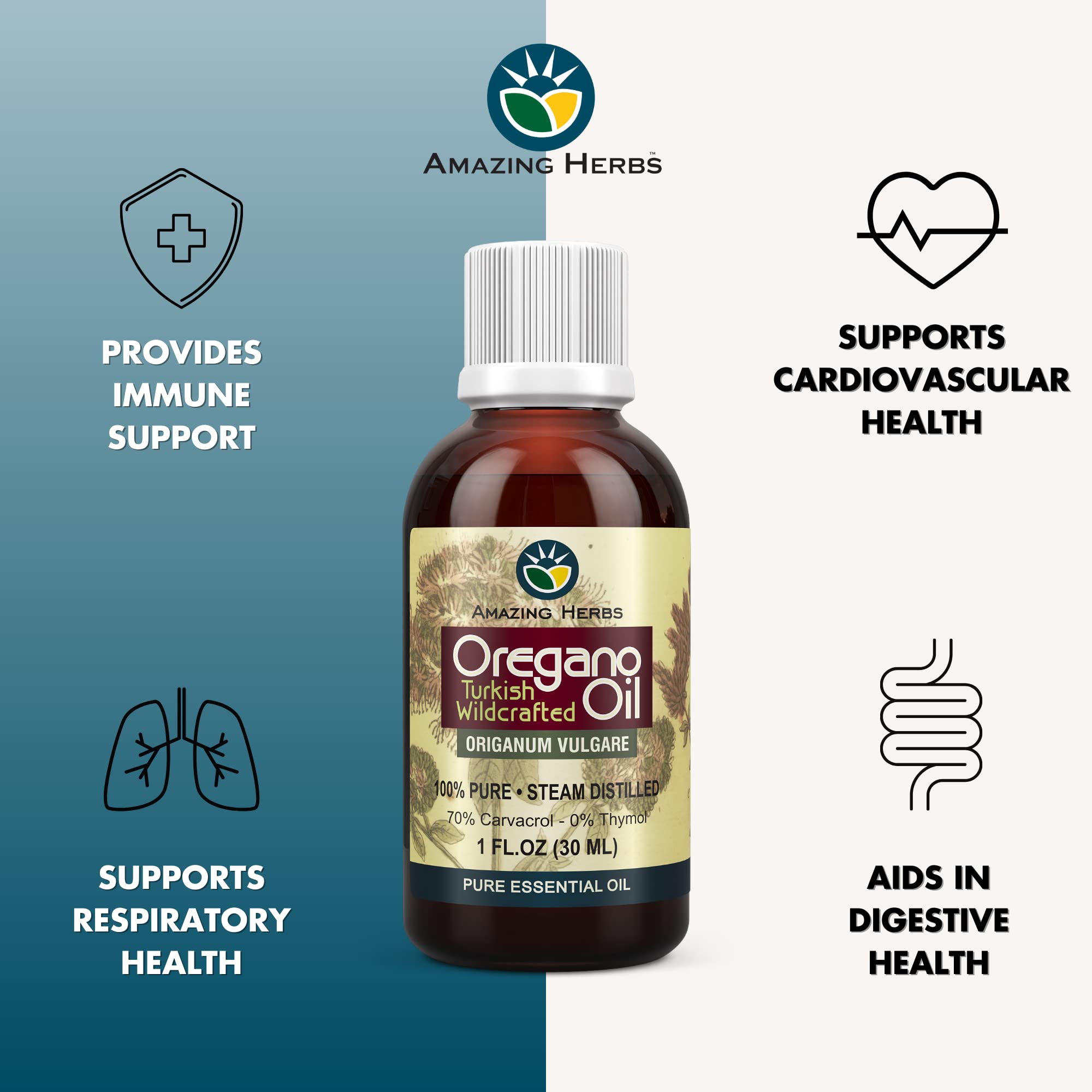 Amazing Herbs huile d'origan pure, usage quotidien potentiel pour le bien-être général.