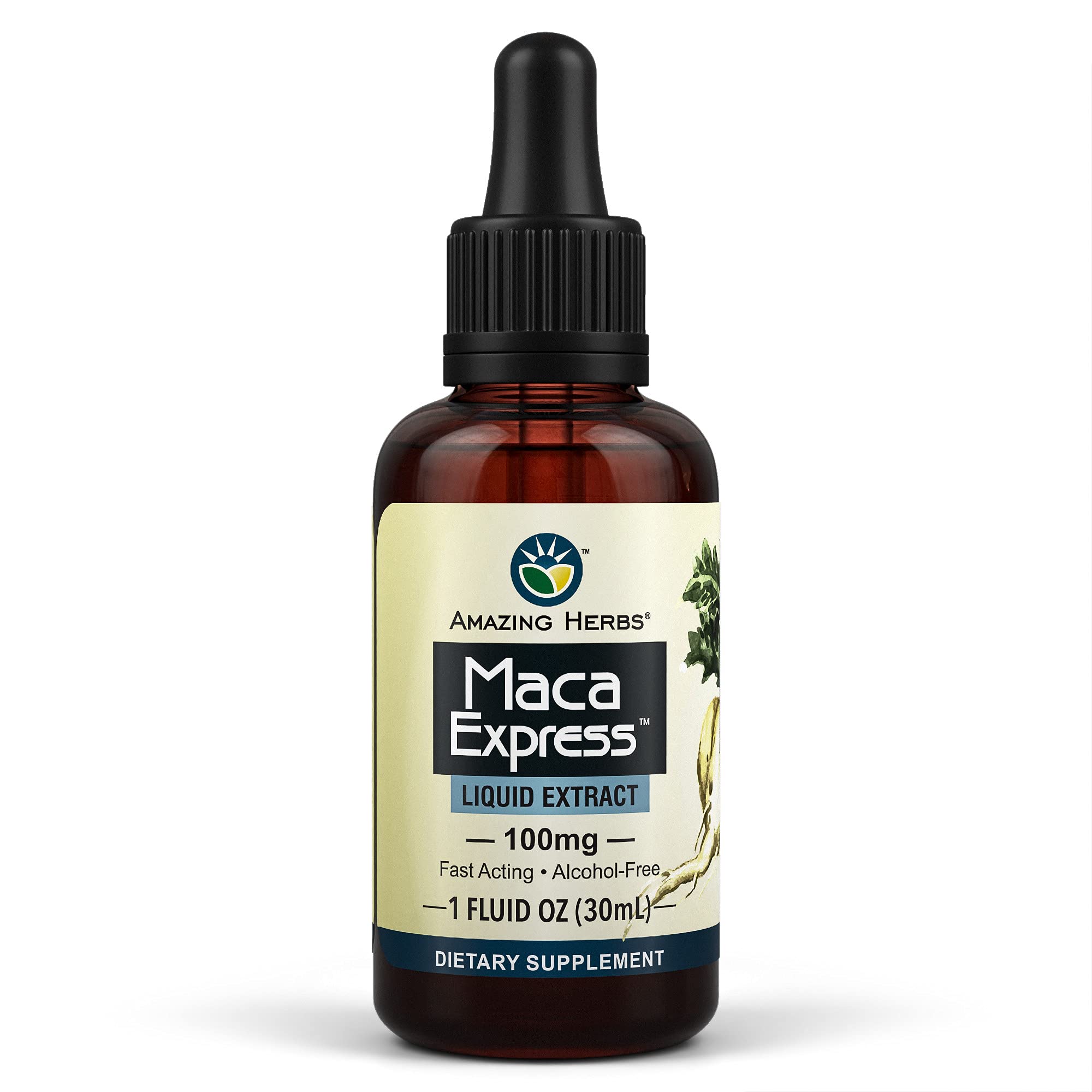 Amazing Herbs Maca Express Extrait Liquide dans flacon de 1 oz énergie et endurance.