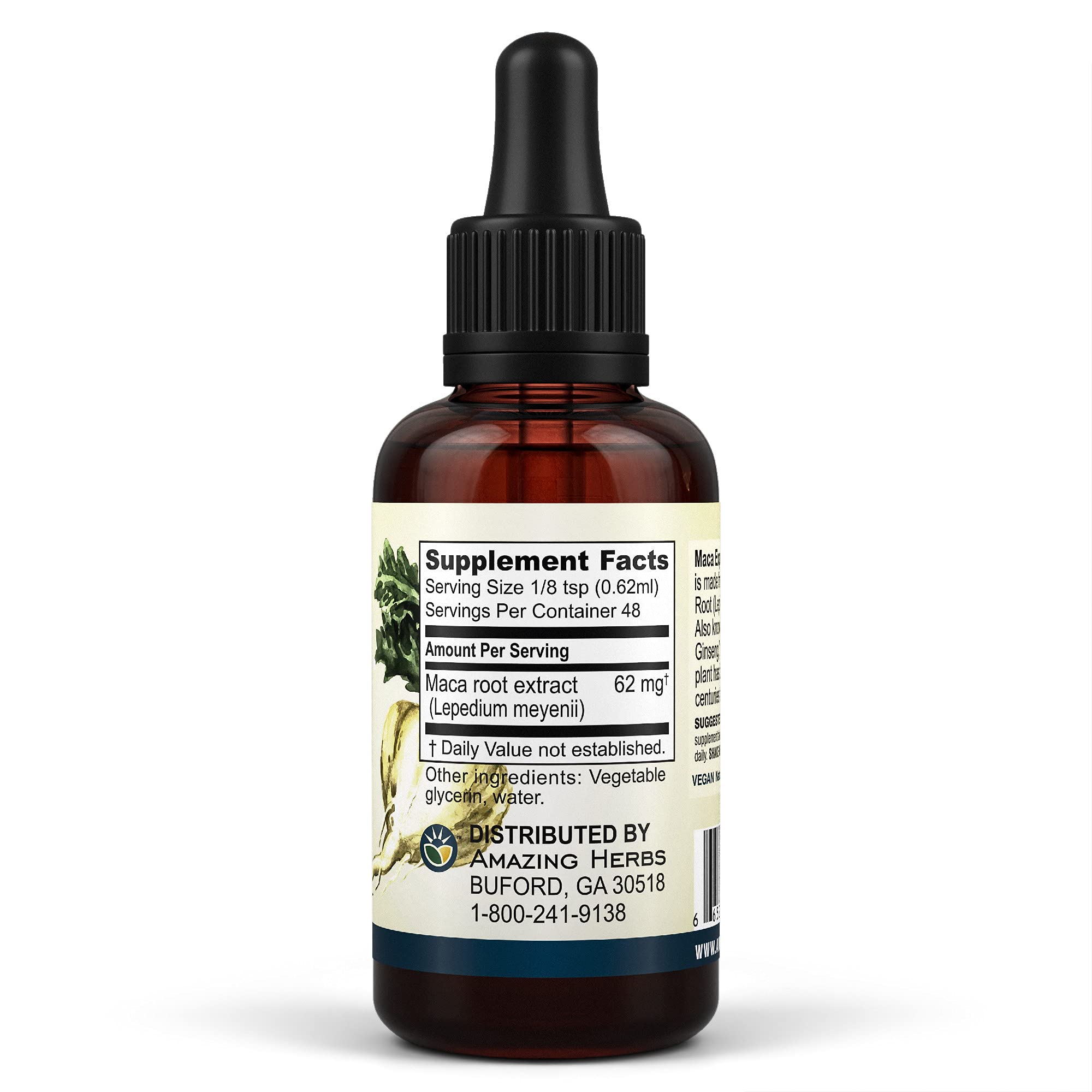 Amazing Herbs Maca Express flacon avec gouttes dosage quotidien pratique et énergie.