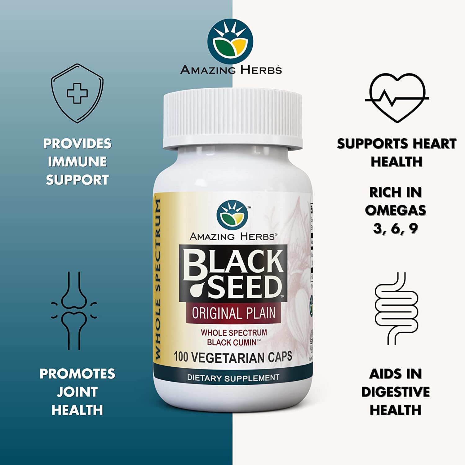 Amazing Herbs Nigella sativa — capsules végétariennes sans gluten, pratique au quotidien.