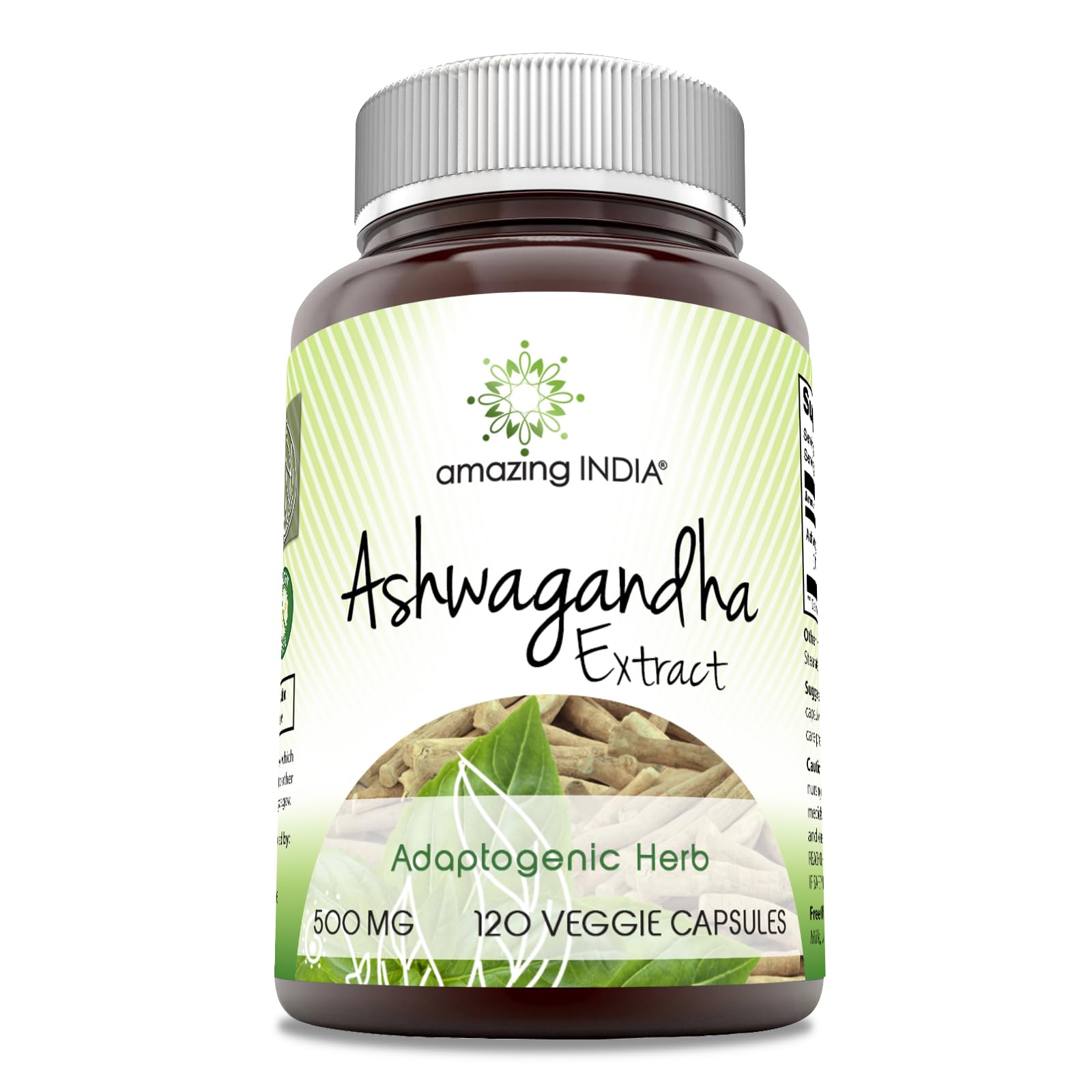 Amazing India Ashwagandha: bouteille 500 mg, capsules pratiques pour routine quotidienne.