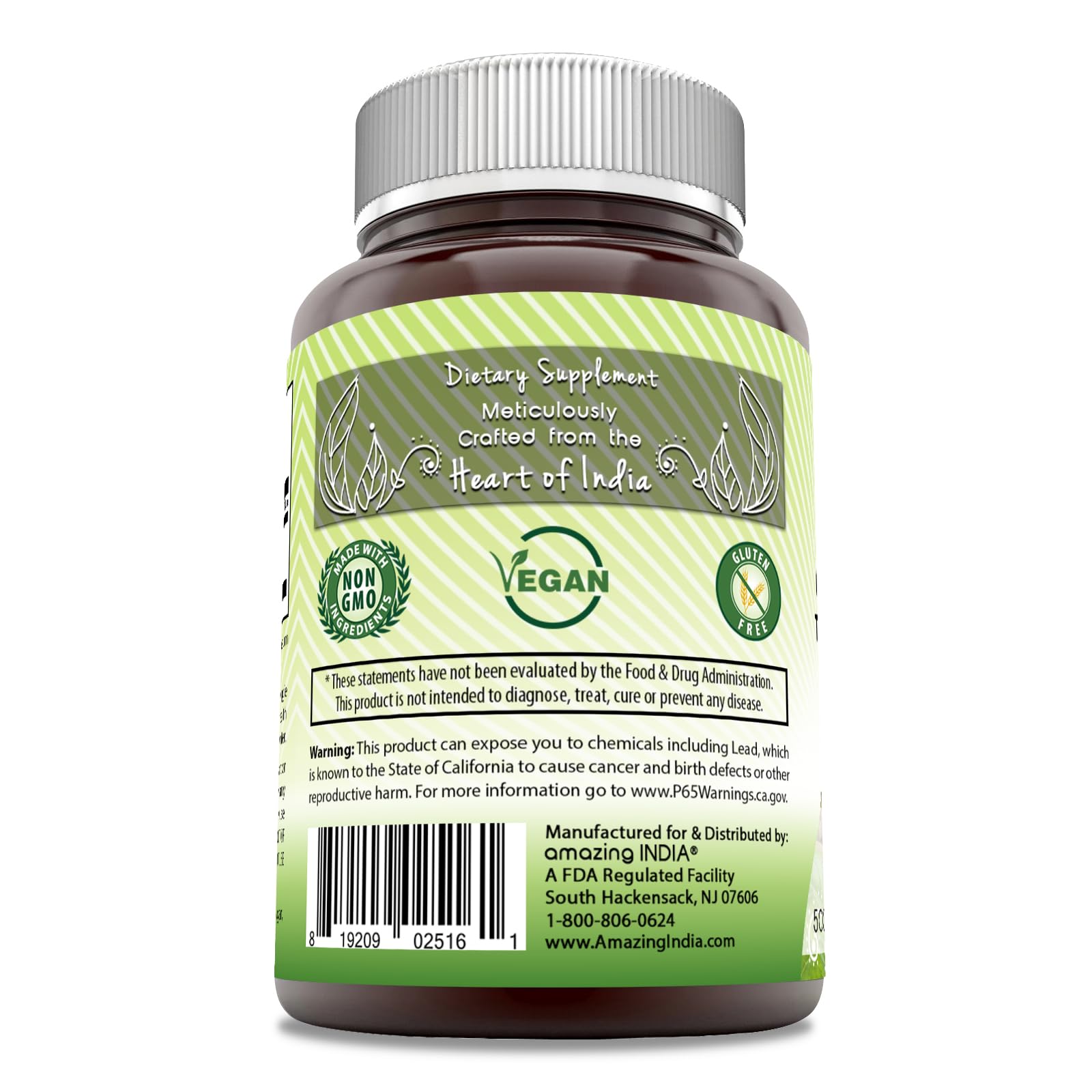 Amazing India Ashwagandha: étiquette claire et GMP garantissant traçabilité et pureté.
