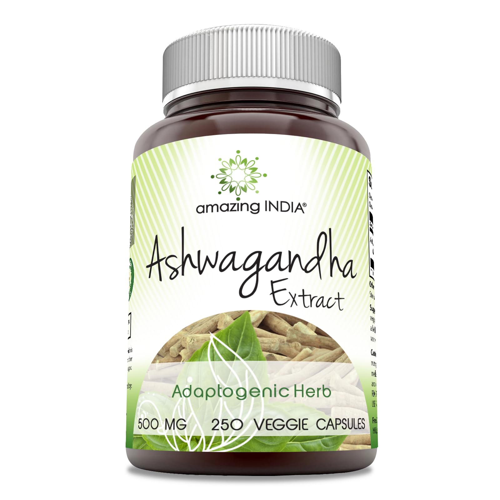 Amazing India Ashwagandha en bouteille, capsules végétales pour le bien-être quotidien.