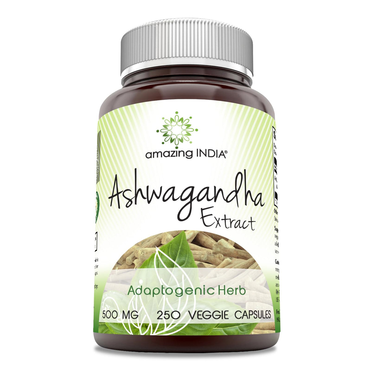 Amazing India Ashwagandha en bouteille, capsules végétales pour le bien-être quotidien.