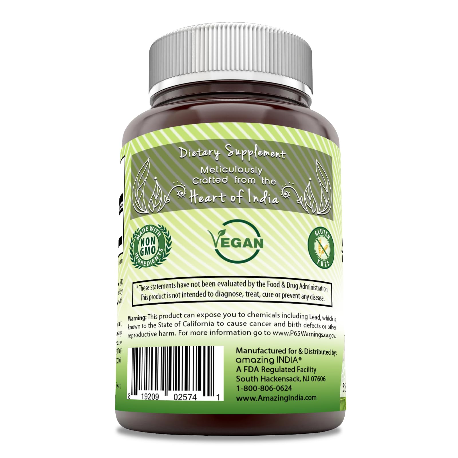 Étiquette et emballage d'Amazing India Ashwagandha démontrant traçabilité et pureté.