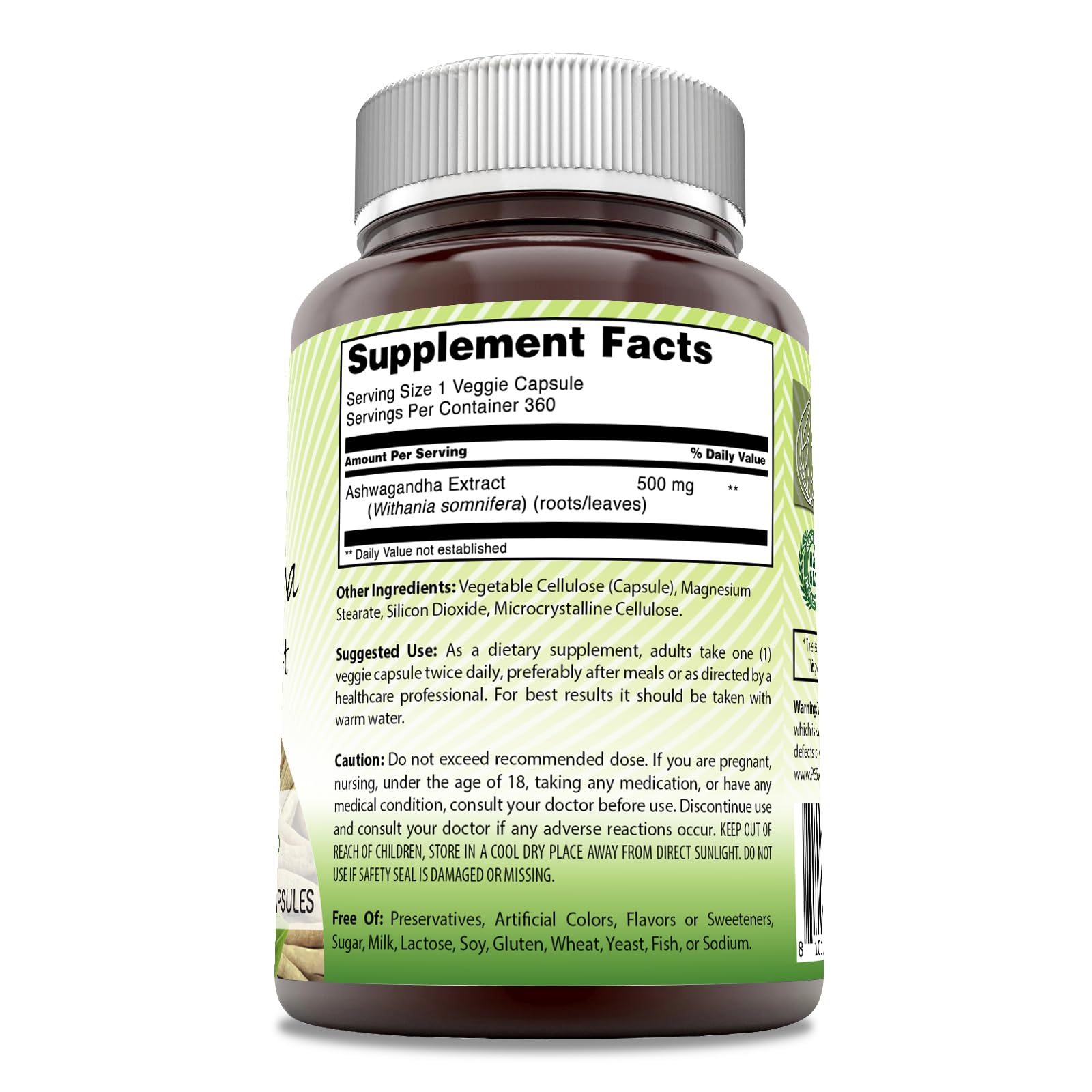 Capsules végétales Amazing India Ashwagandha 500 mg, format pratique et sans gluten.