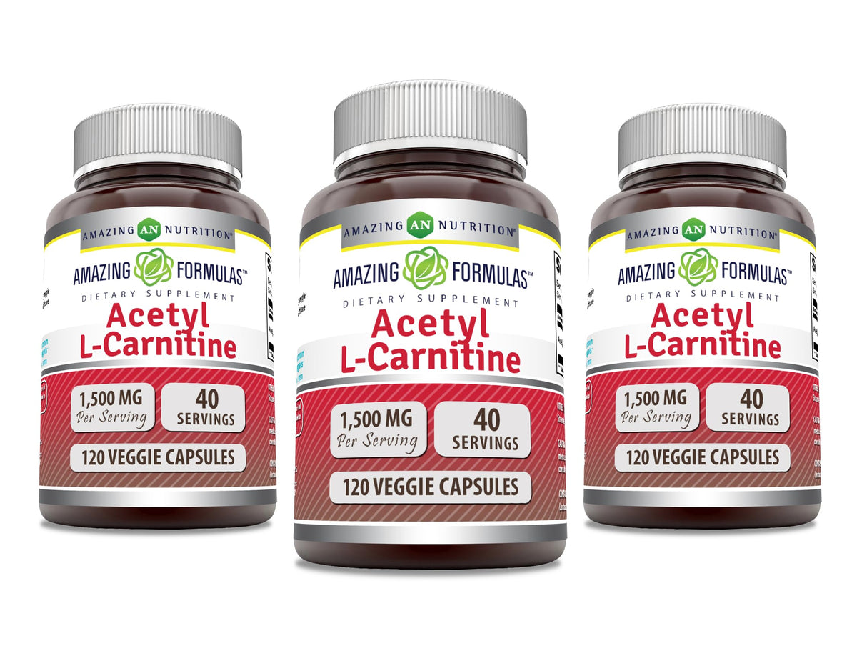 Bouteille Amazing Nutrition Acétyl L-Carnitine HCL 1500 mg prête pour une routine énergétique potentielle.