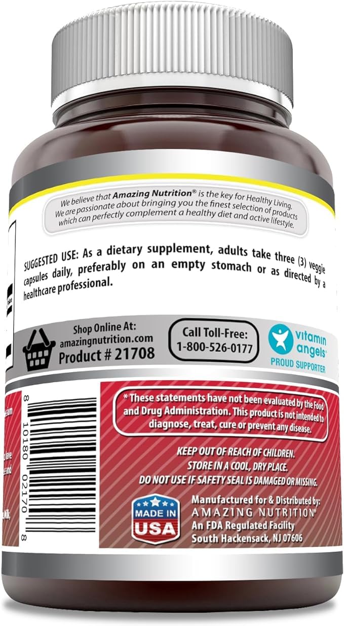 Capsules végétales sans OGM et sans gluten d'Amazing Nutrition Acétyl L-Carnitine HCL 1500 mg.