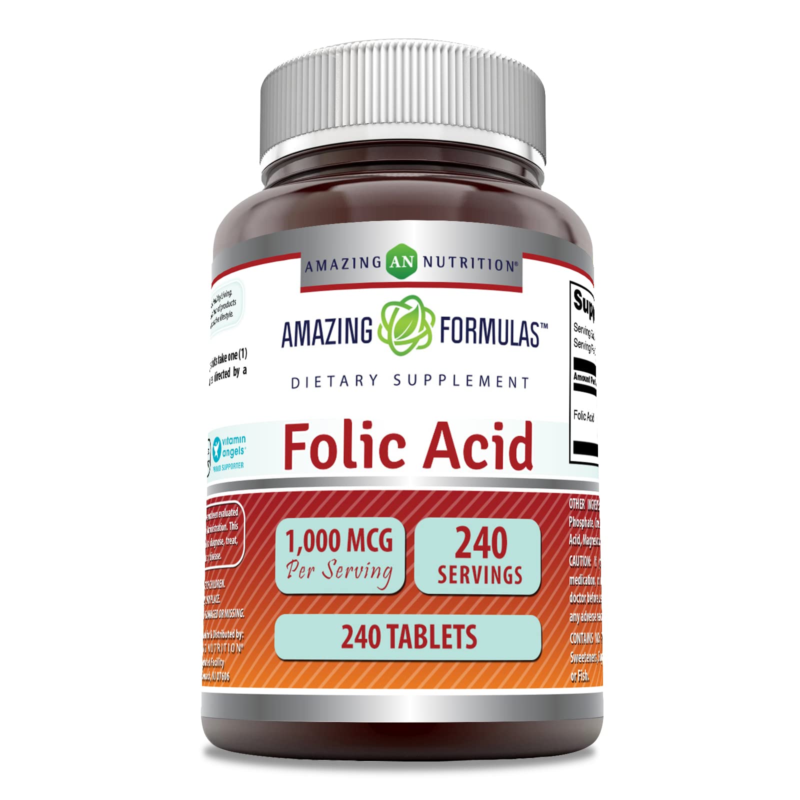 Amazing Nutrition Acide folique 1000 mcg – comprimé dans une bouteille, usage quotidien pratique.