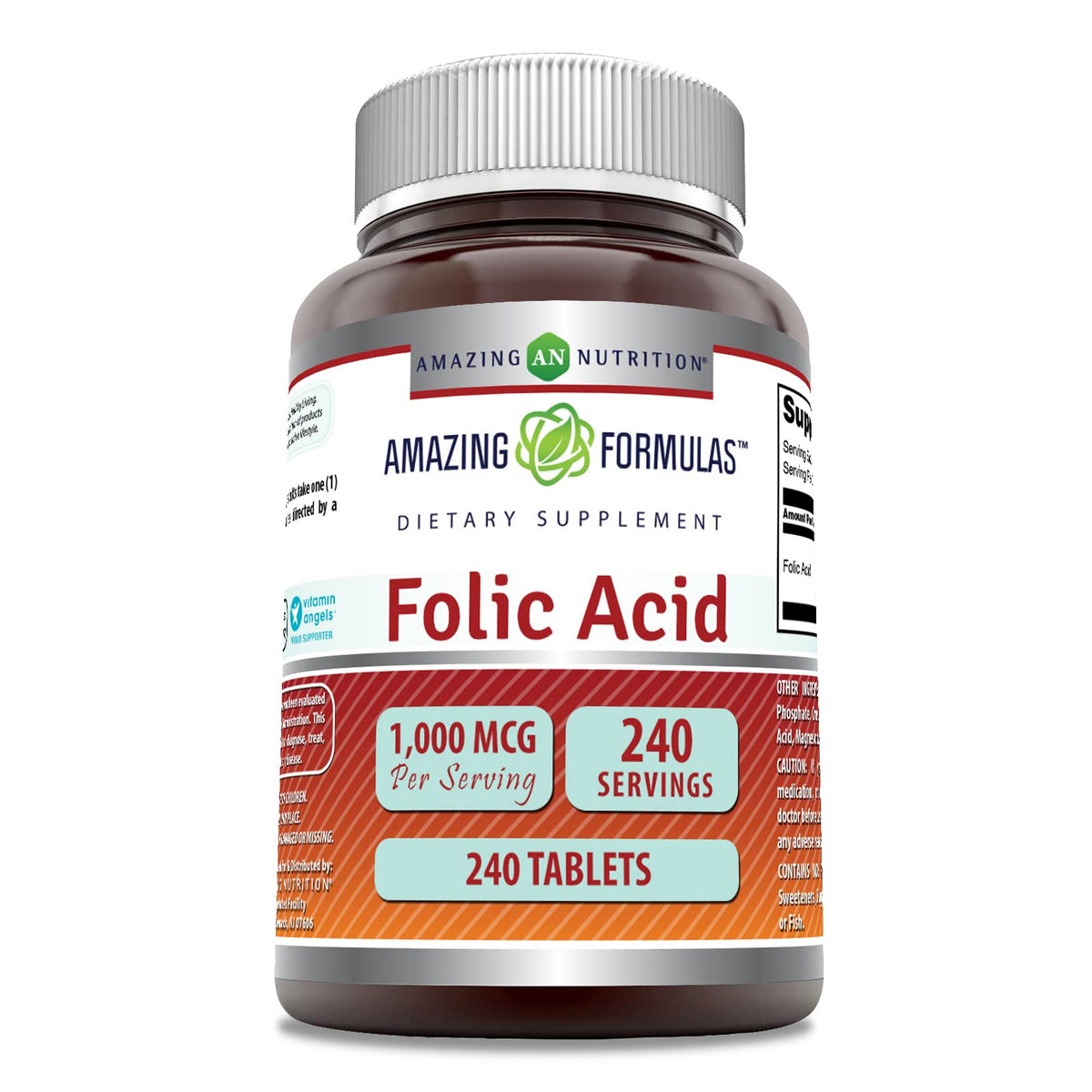 Amazing Nutrition Acide folique 1000 mcg – comprimé dans une bouteille, usage quotidien pratique.