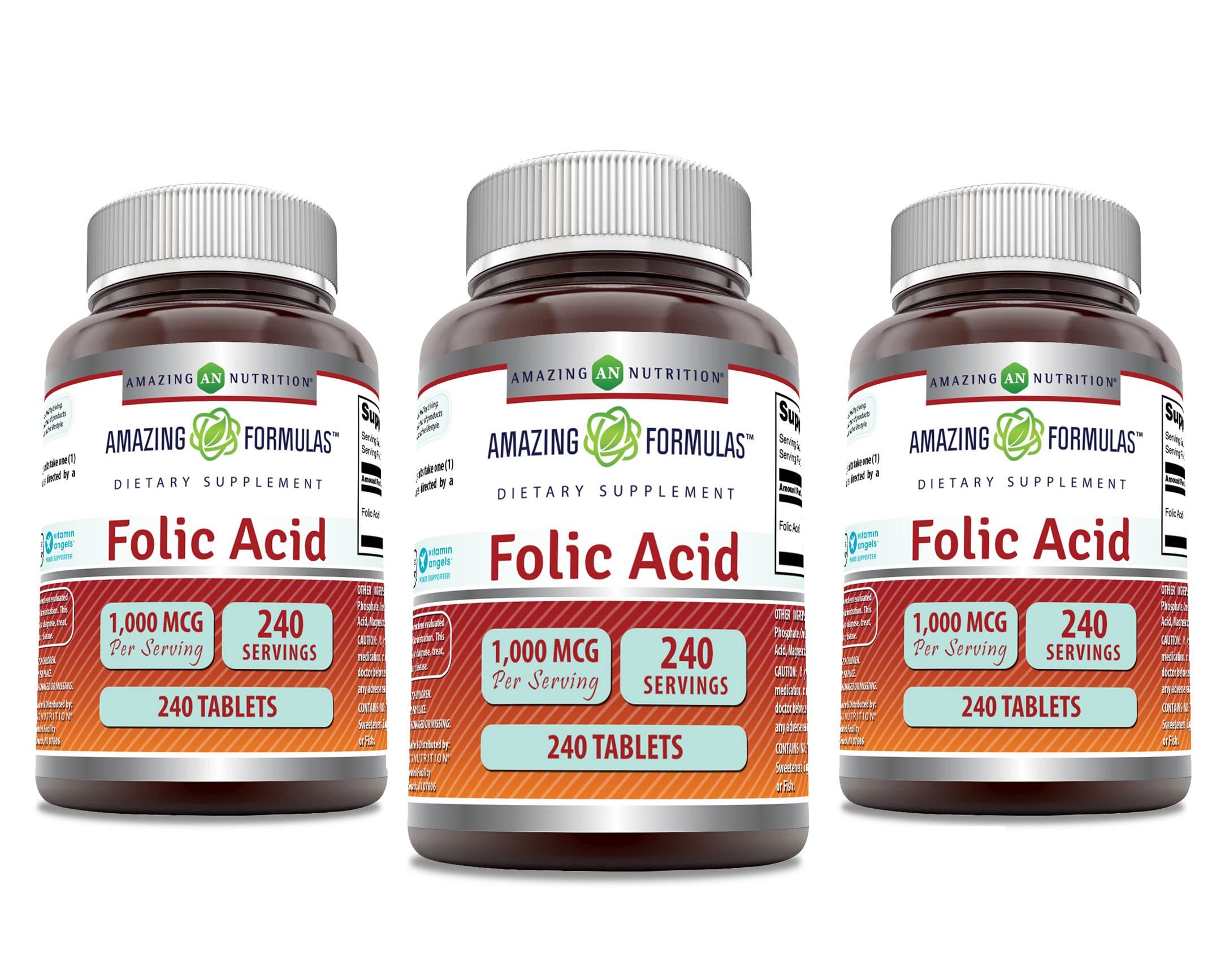 Amazing Nutrition Acide folique 1000 mcg en bouteille, dosage quotidien pratique.