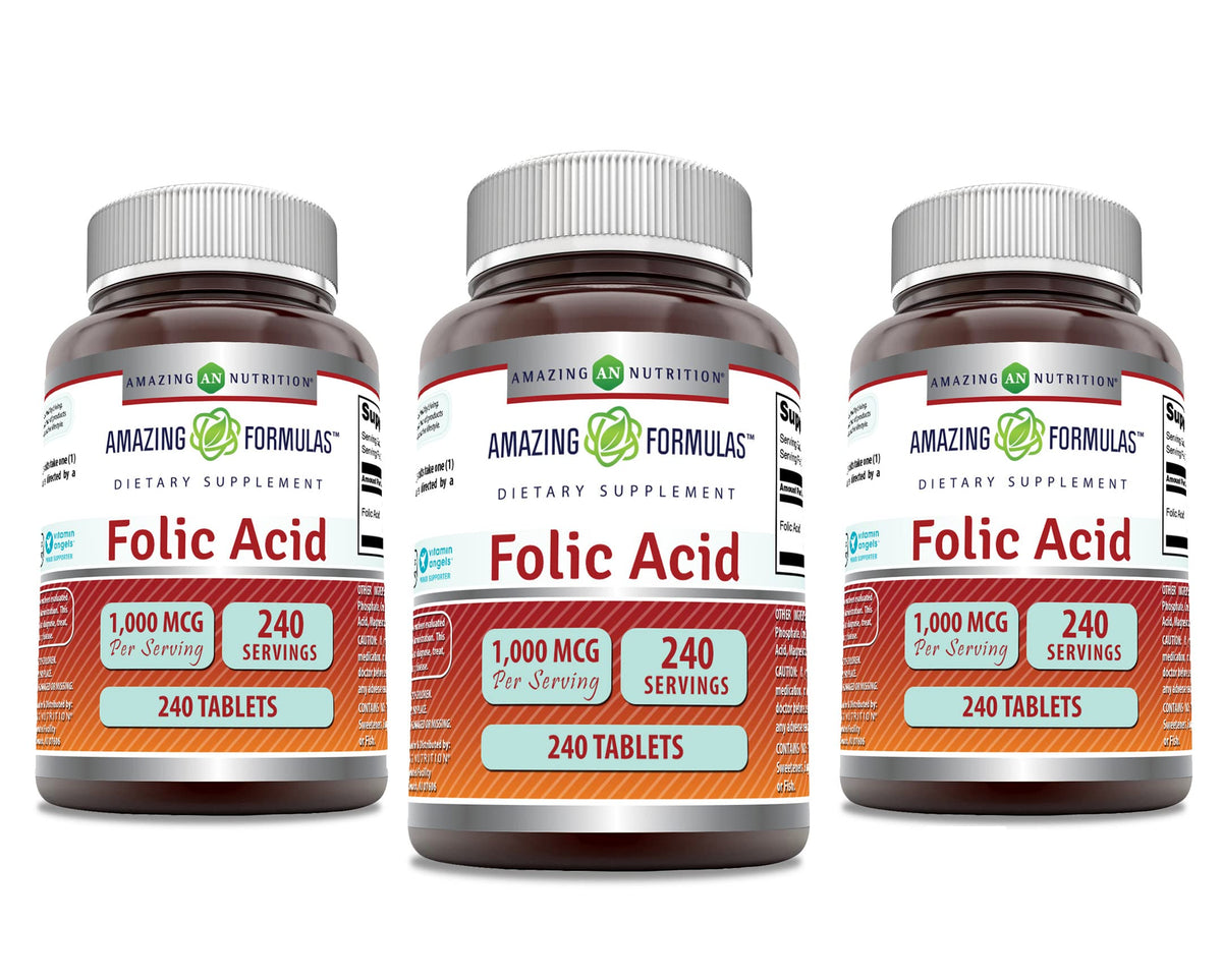 Amazing Nutrition Acide folique 1000 mcg en bouteille, dosage quotidien pratique.