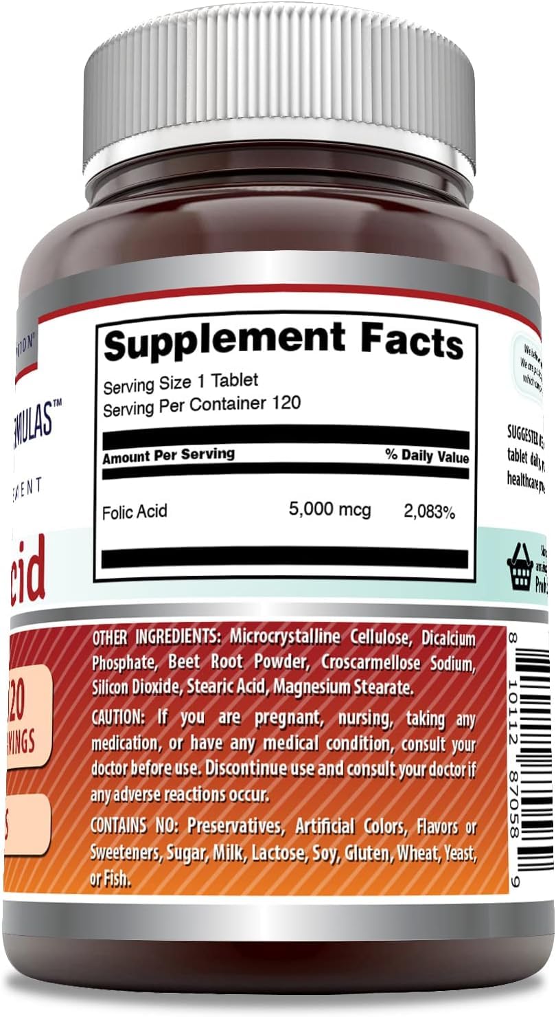 Amazing Nutrition Acide folique 5000mcg – deux comprimés par portion, 120 portions au total.