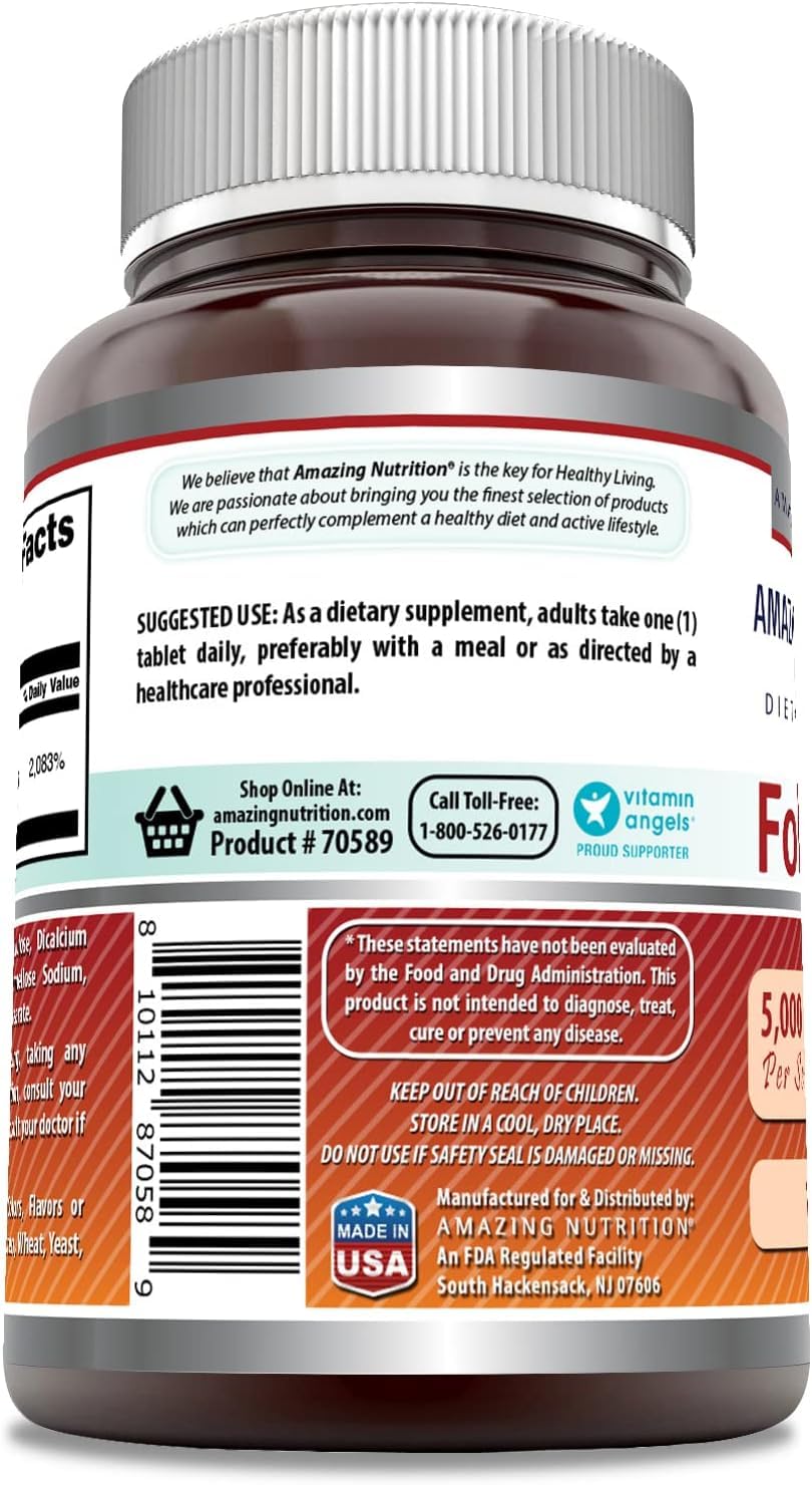 Amazing Nutrition Acide folique 5000mcg – sans OGM et sans gluten, tests indépendants.