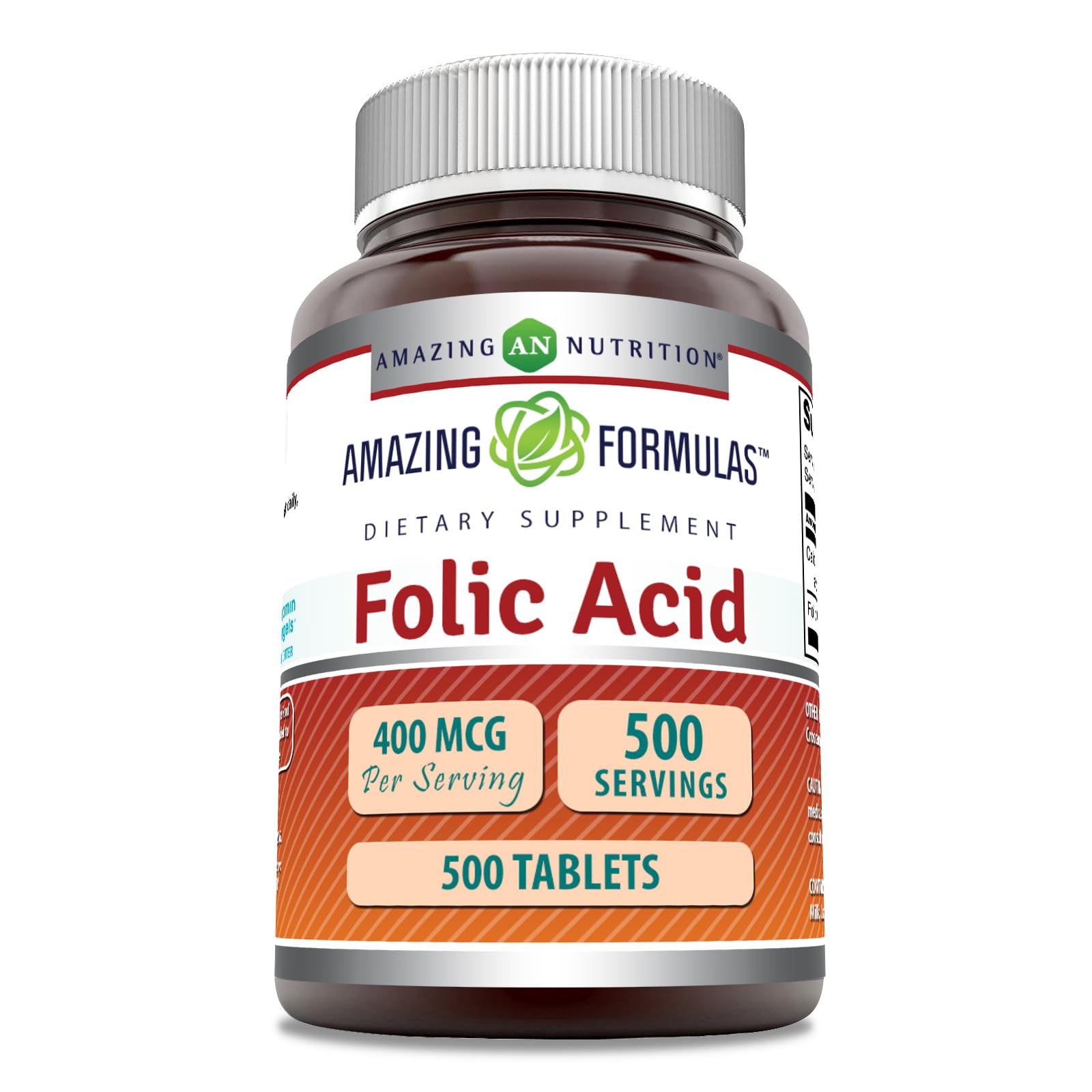 Amazing Nutrition Acide folique 400 mcg – bouteille facile à avaler, routine quotidienne.