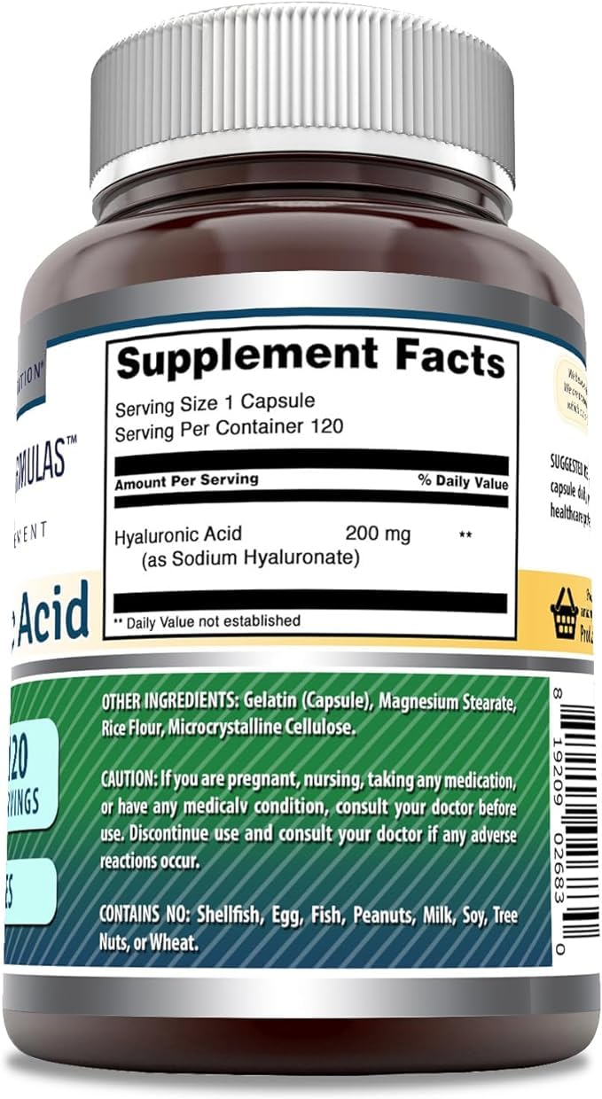 Amazing Nutrition Acide Hyaluronique 200 mg, bouteille: formulation non-OGM et sans gluten.
