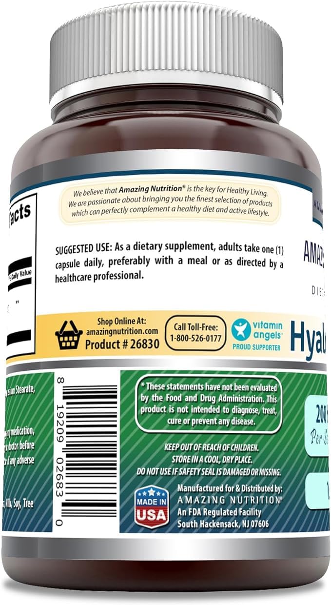 Amazing Nutrition Acide Hyaluronique 200 mg, etiquette: routine quotidienne pour la beauté et hydratation.