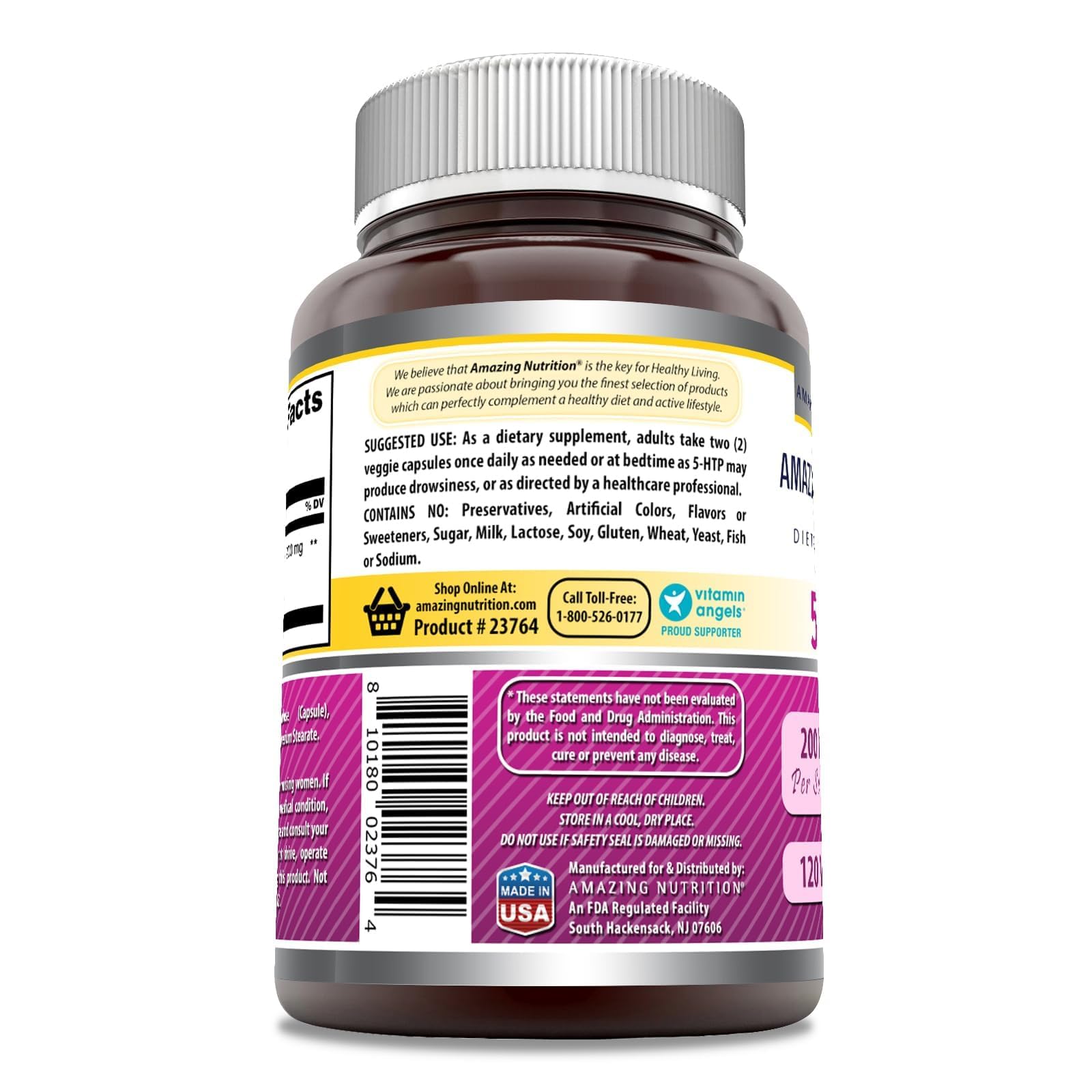 Bouteille Amazing Formulas 5-HTP, etiquette lisible et informations qualité.