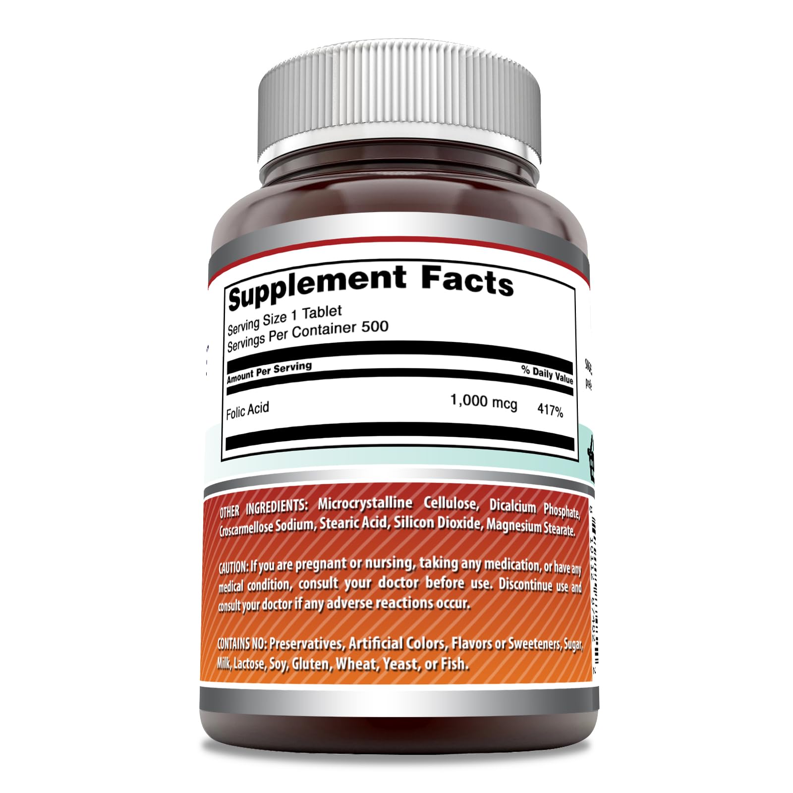 Amazing Formulas acide folique 1000 mcg, etiquette de bouteille: dosage clair.