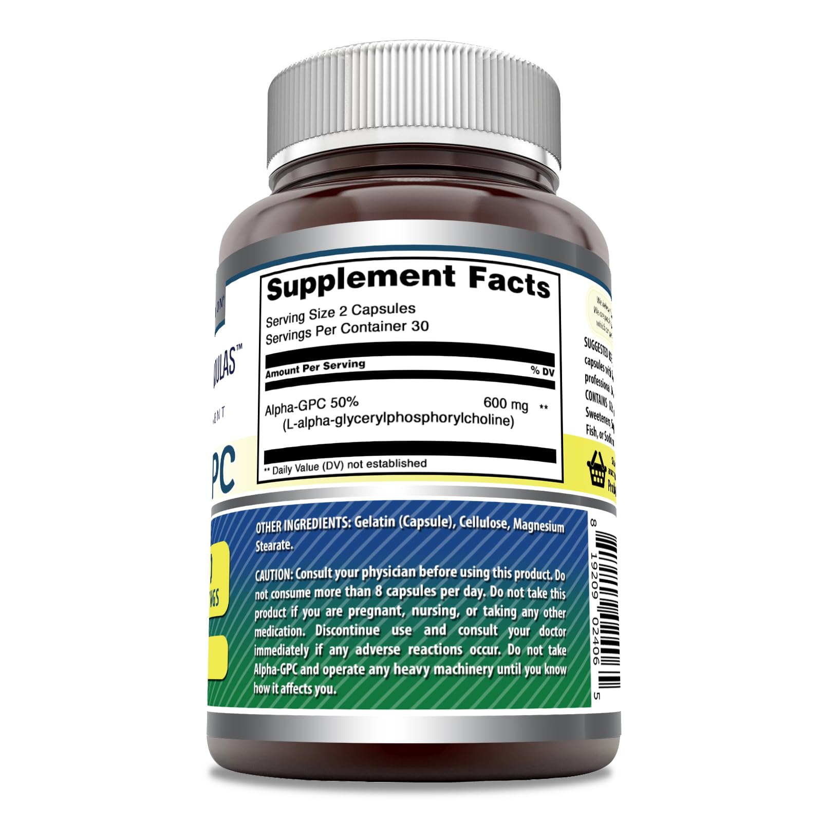 Capsules Alpha GPC de Amazing Formulas, pratique pour une prise quotidienne.