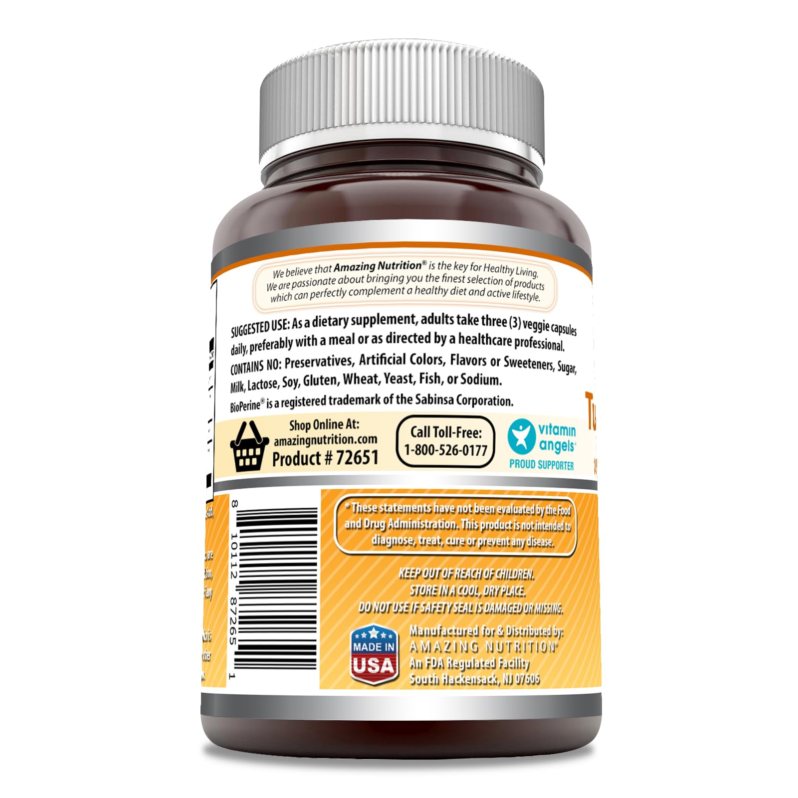 Étiquette du produit avec le logo Amazing Nutrition et les garanties de qualité