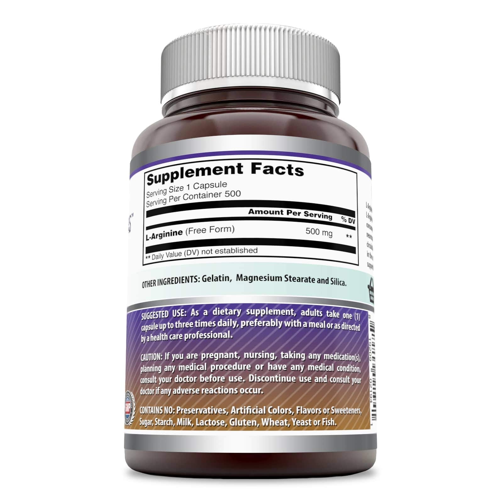 Étiquette lisible du produit L-Arginine pour une posologie facile.