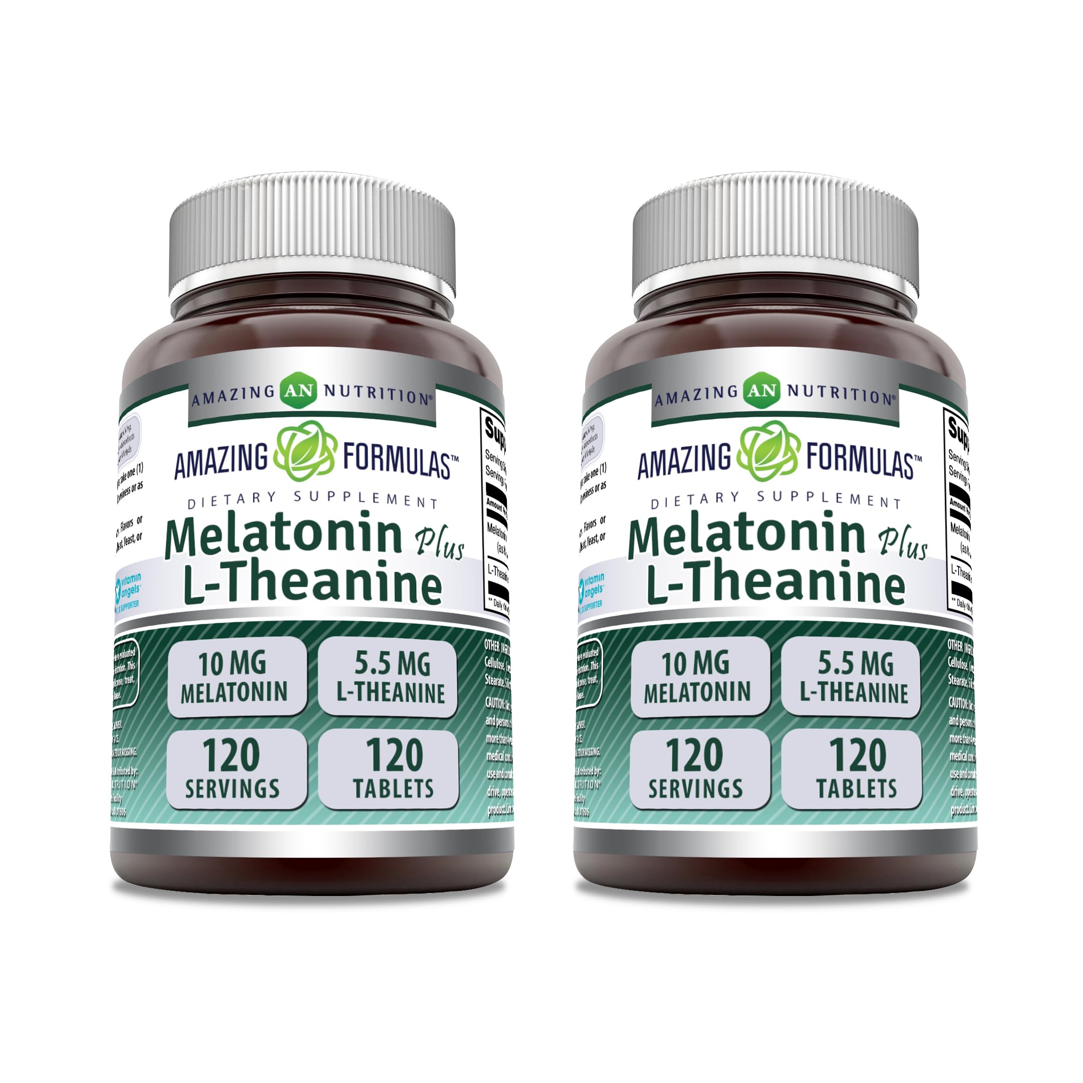 Amazing Nutrition Amazing Formulas Mélatonine 10 mg et L‑Théanine 5,5 mg, comprimés visibles, soutien potentiel sommeil.
