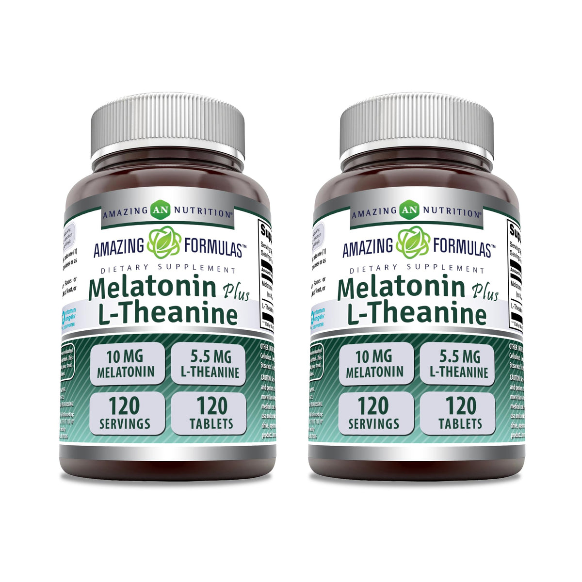 Amazing Nutrition Amazing Formulas Mélatonine 10 mg et L‑Théanine 5,5 mg, comprimés visibles, soutien potentiel sommeil.