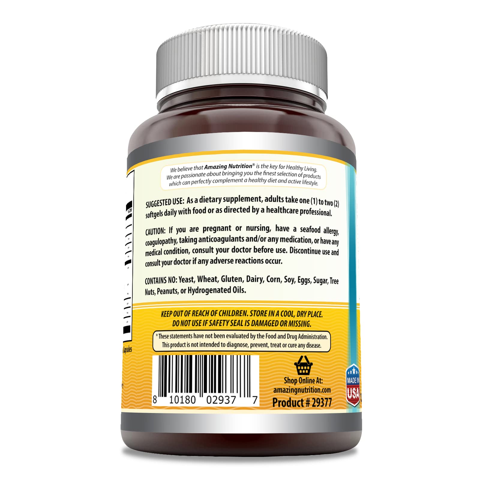 Amazing Nutrition Amazing Omega : produit fabriqué aux États‑Unis selon GMP, pureté garantie.