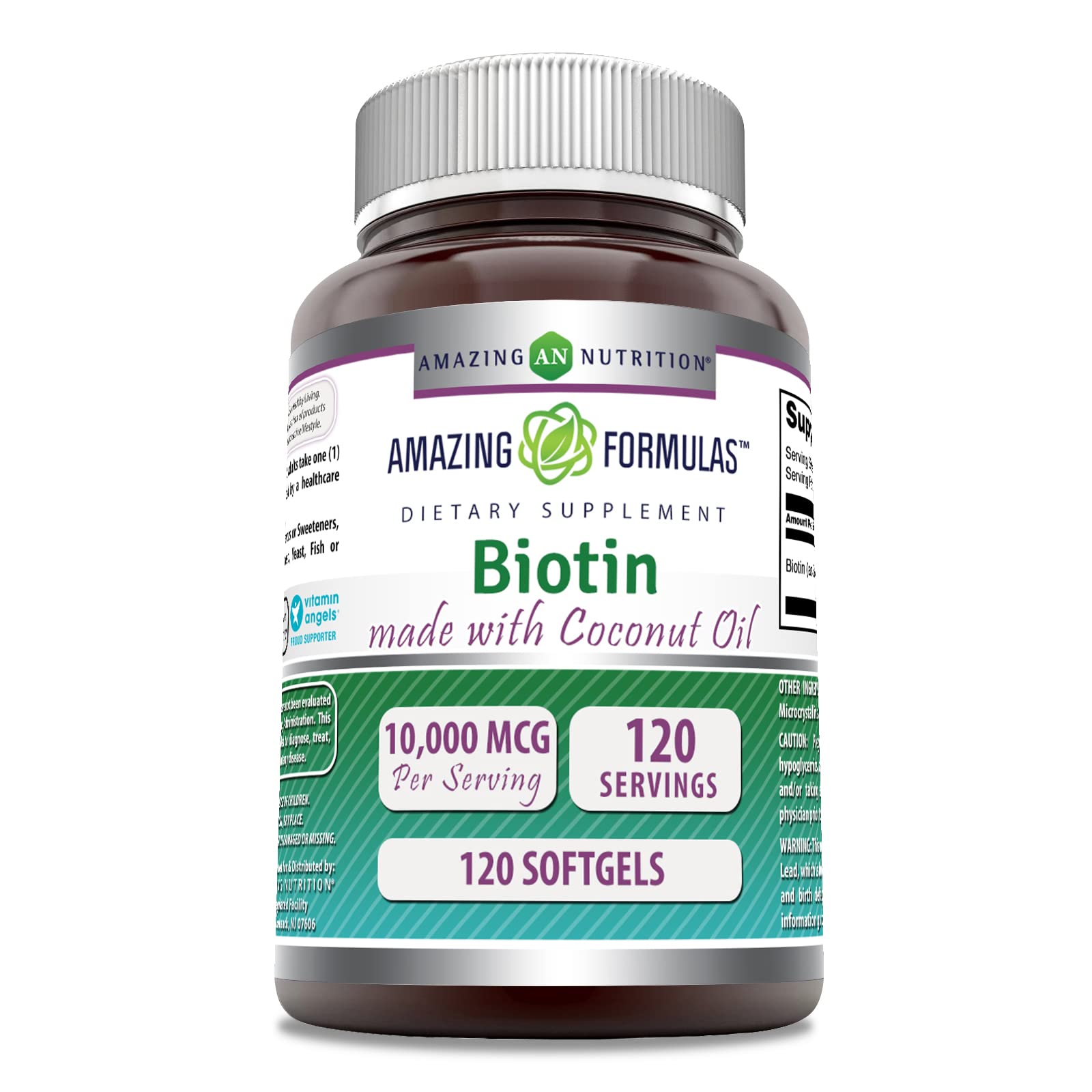 Amazing Nutrition biotine en bouteille, capsules molles et dosage élevé pour cheveux et ongles.