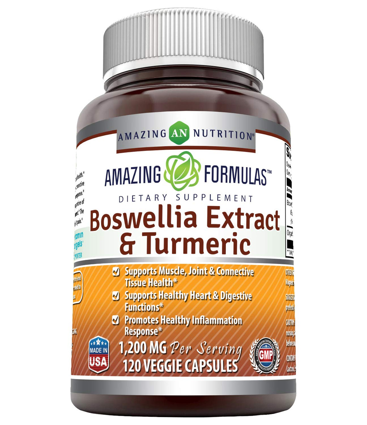Amazing Nutrition Boswellia Curcuma: bouteille montrant la posologie et la pureté.