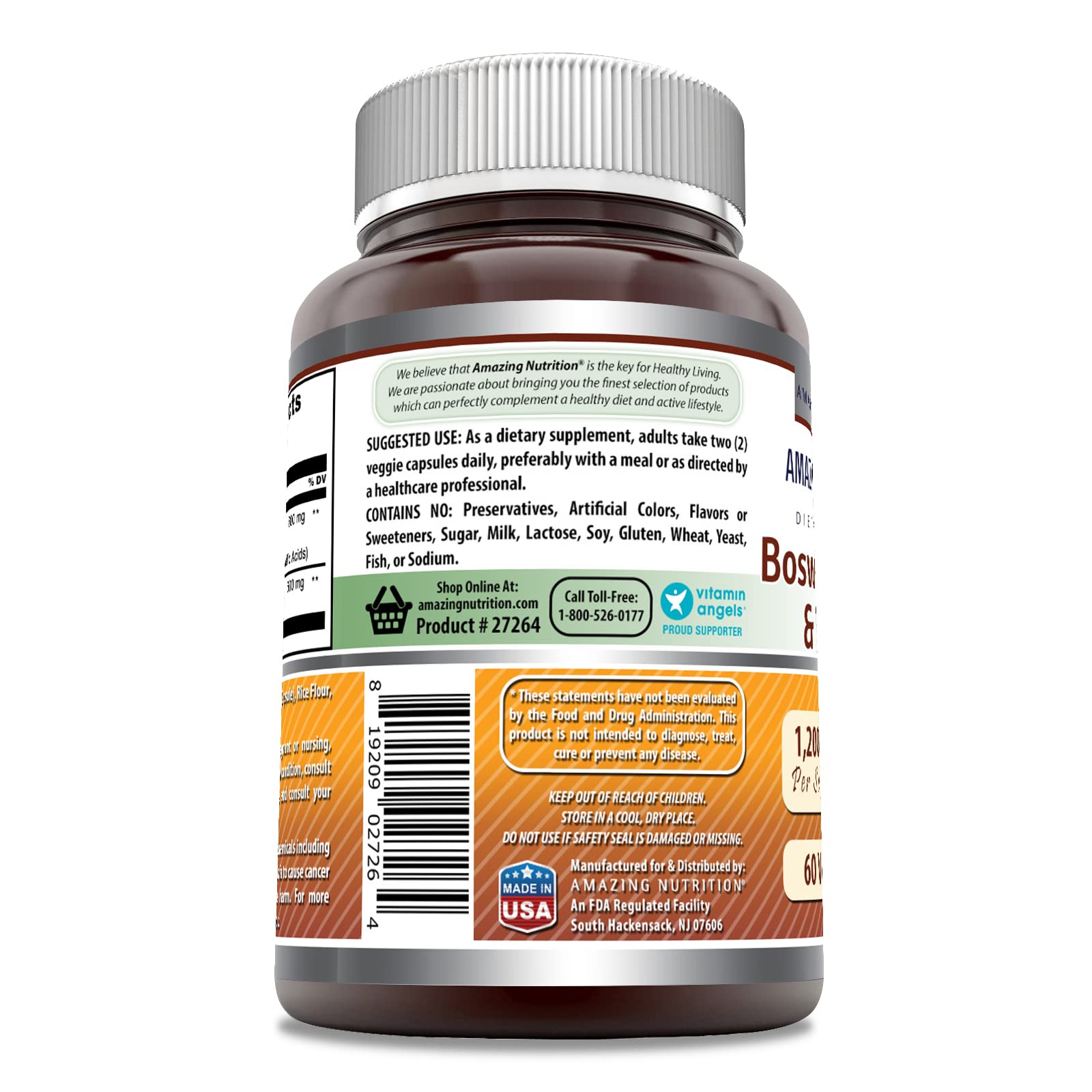 Amazing Nutrition Boswellia Curcuma, étiquette lisible montrant pureté et absence d'OGM.